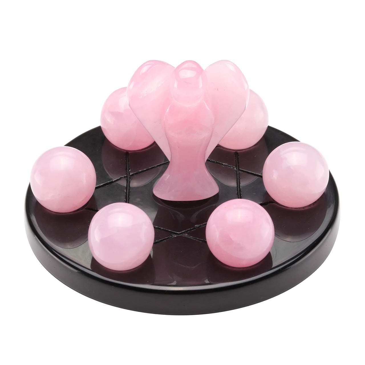 MANIFO Natural Gemstone Ball with Guardian Angel on Obsidian Hexagram Stand, Healing Crystals Fengshui Seven-Star Appetizer Plate (Rose Quartz)