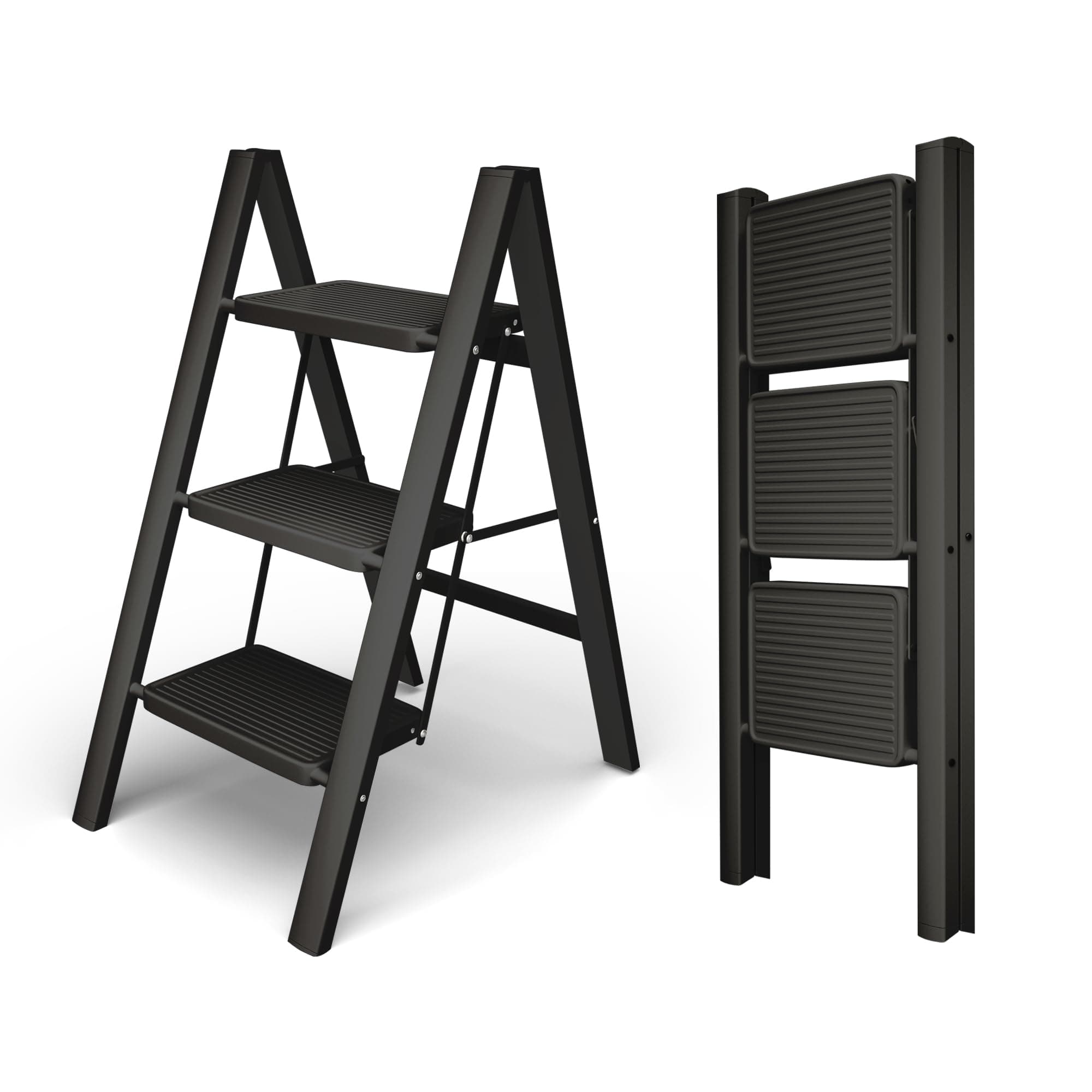 3 Step Ladder, Portable Folding Ladder with Anti-Slip Wide Pedal, Lightweight Multi-use Steel Step Stool for Adults, 330lbs Capacity Stepladder for Home, Office, Kitchen, Library (Black)
