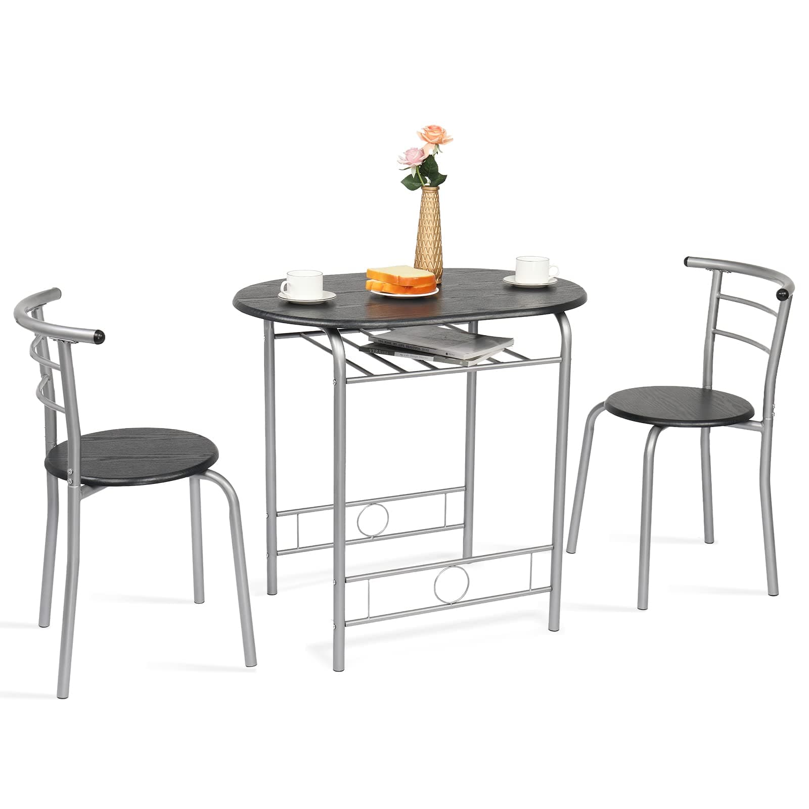 VINGLI 3 Piece Dining Set,Small Kitchen Table Set for 2,Breakfast Table Set,Kitchen Wooden Table and 2 Chairs for Small Space/Dining Room/Apartment,Metal Frame,Wine Rack,Sliver&Black