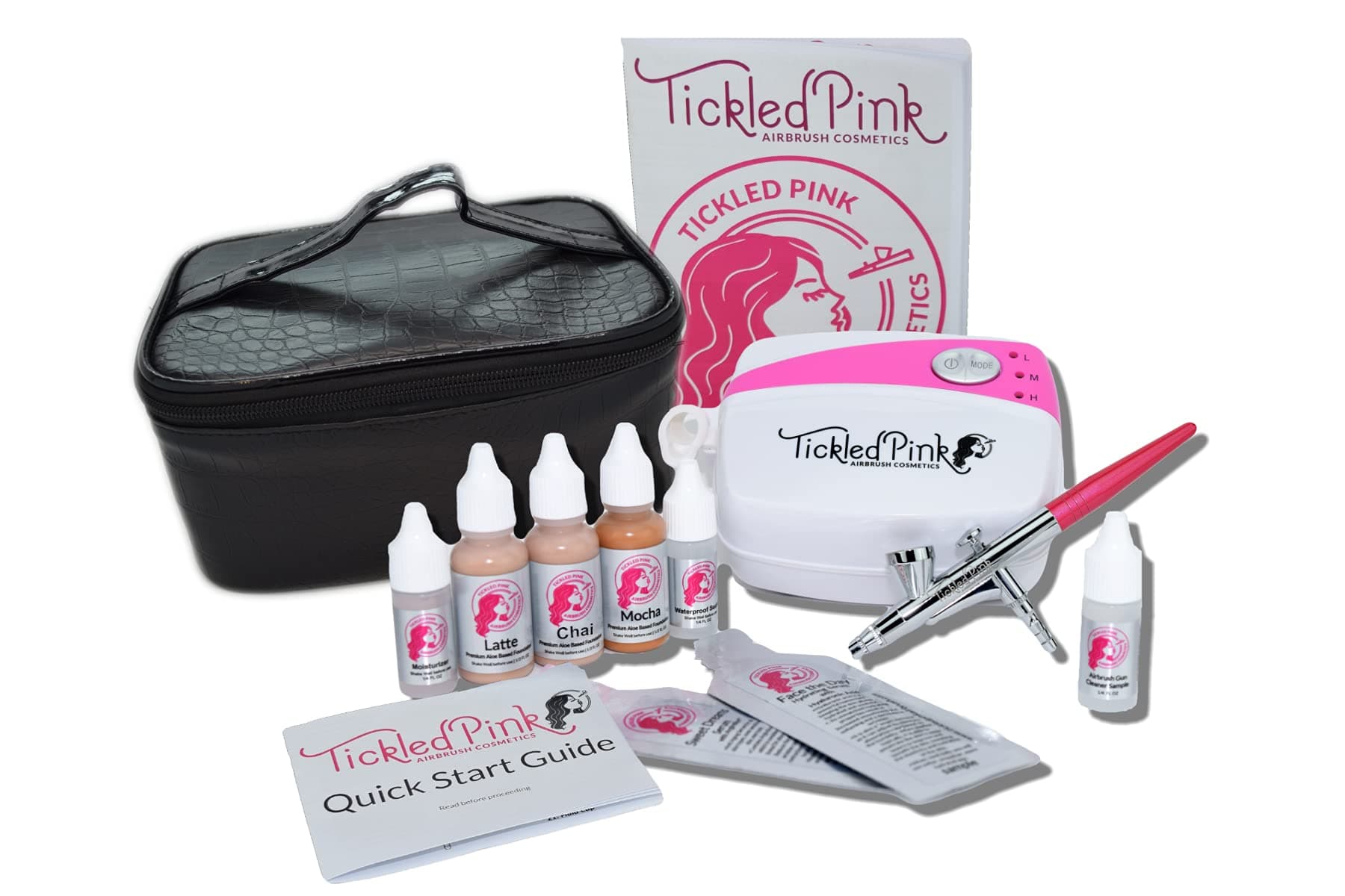 Tickled Pink Cosmetic Airbrush Makeup Kit with 89% Organic Water Based Makeup Infused with Organic Aloe Juice(Dark)