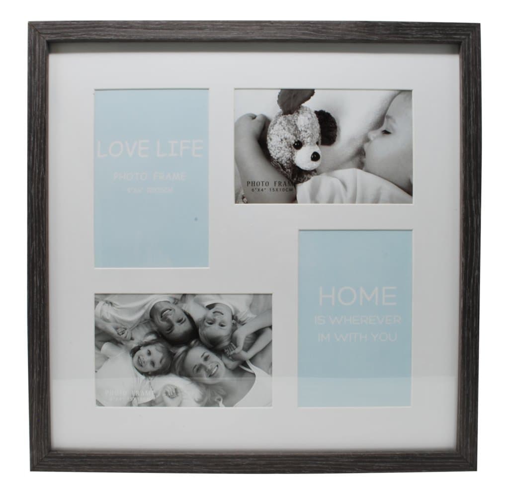14x14 Gray Photo Picture Frame - Matted to Fit Four 4x6 inch Photos - Wall Mounting Hooks Included