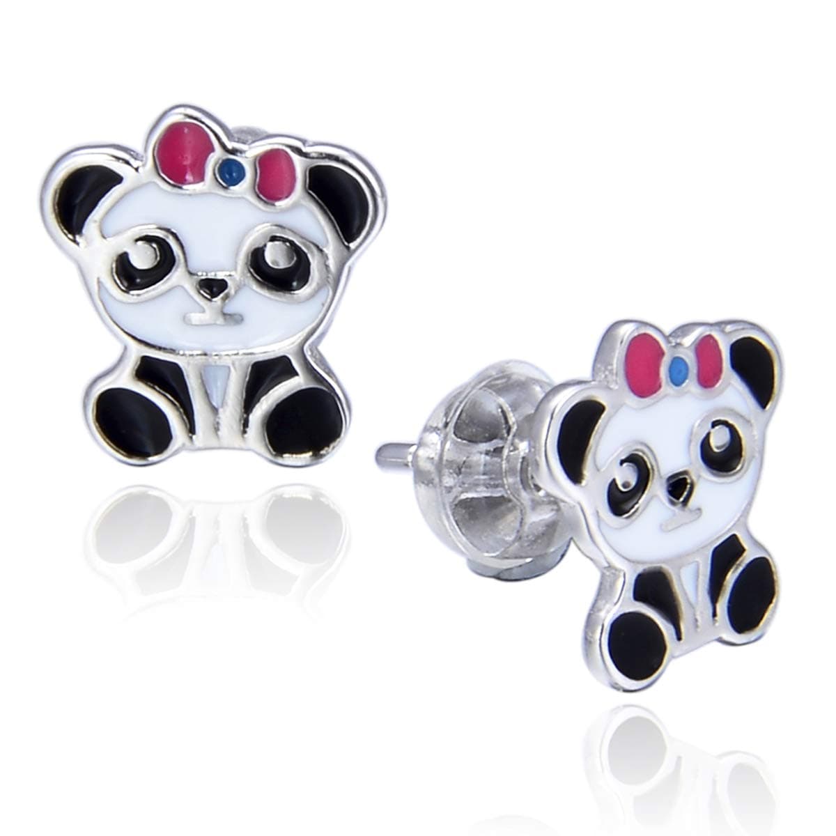 Sterling Silver Baby Panda Stud Earrings Gurtogg Kids Pink Bow Ear Studs