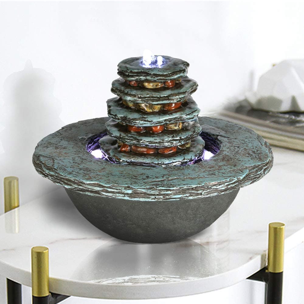 Faux Cyan Stone Waterfall Indoor Fountain 7 1/2", Feng Shui Zen Tabletop Fountain with LED Light for Interior Decoration