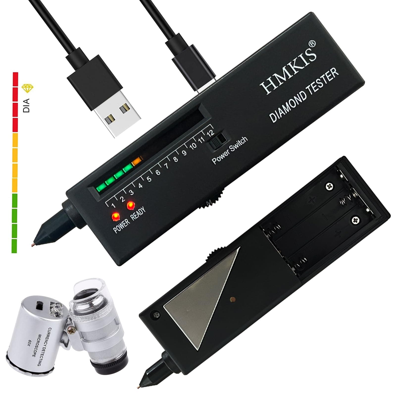 Diamond Tester Pen Kit, Jewelry Diamond Tester＋USB 9V Rechargeable Battery＋ 60X Mini LED Magnifying, Diamond Selector for Novice