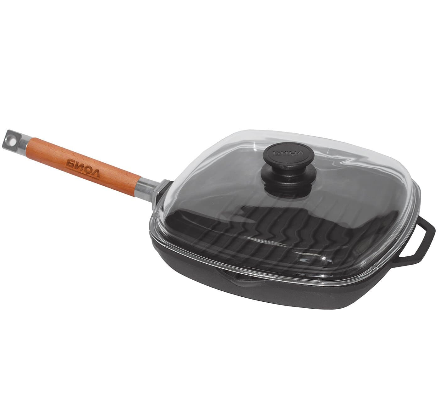 Cast Iron Grill Pan Skillet 28 cm Removable Handle with Glass Lid Induction BIOL