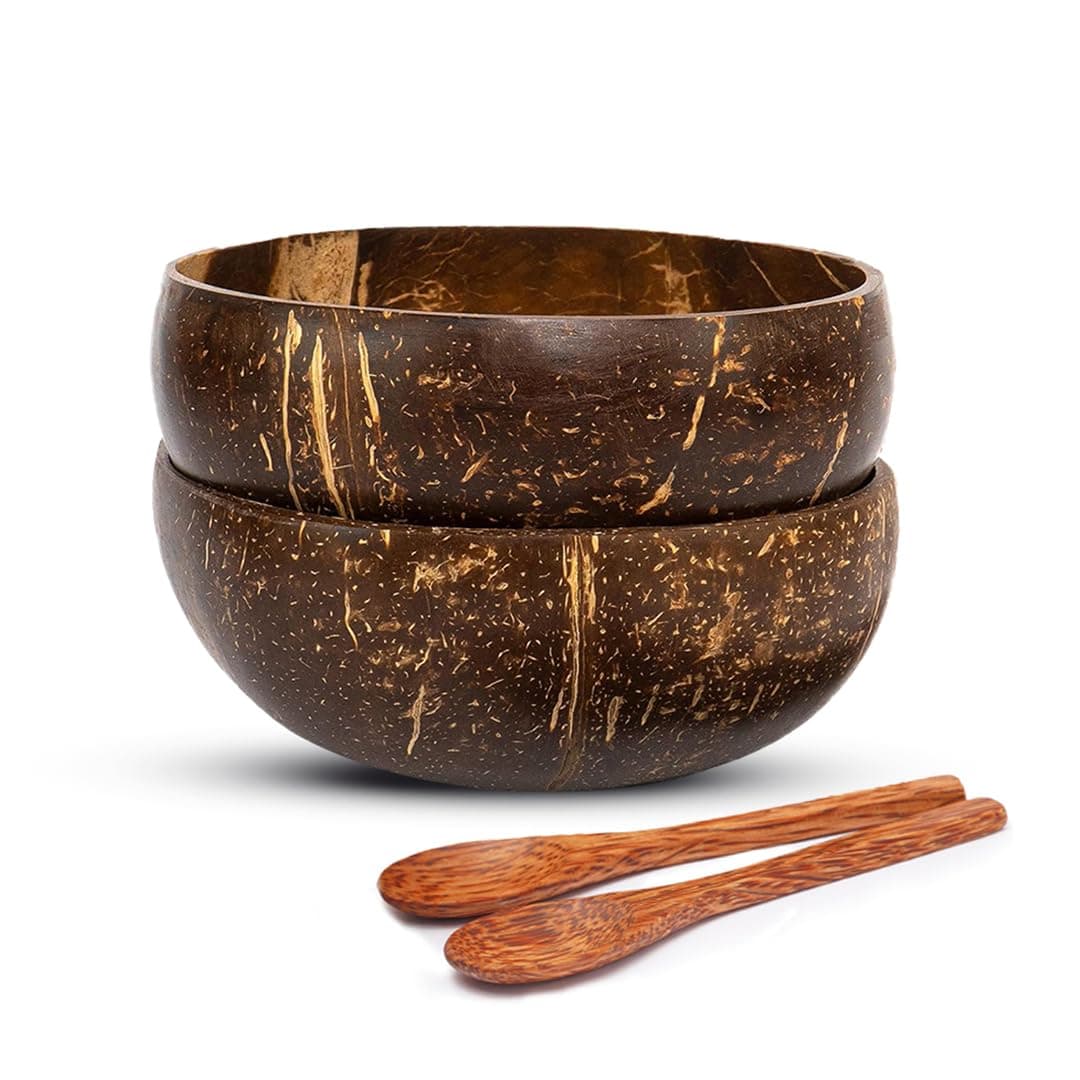 Jumbo 900ML Artisan Coconut Shell Bowls & Spoon Set | Eco-Friendly Handmade Wooden Bowls for Smoothie, Salad, Breakfast, Buddha Bowls & Meals | Set of 2 from Kerala
