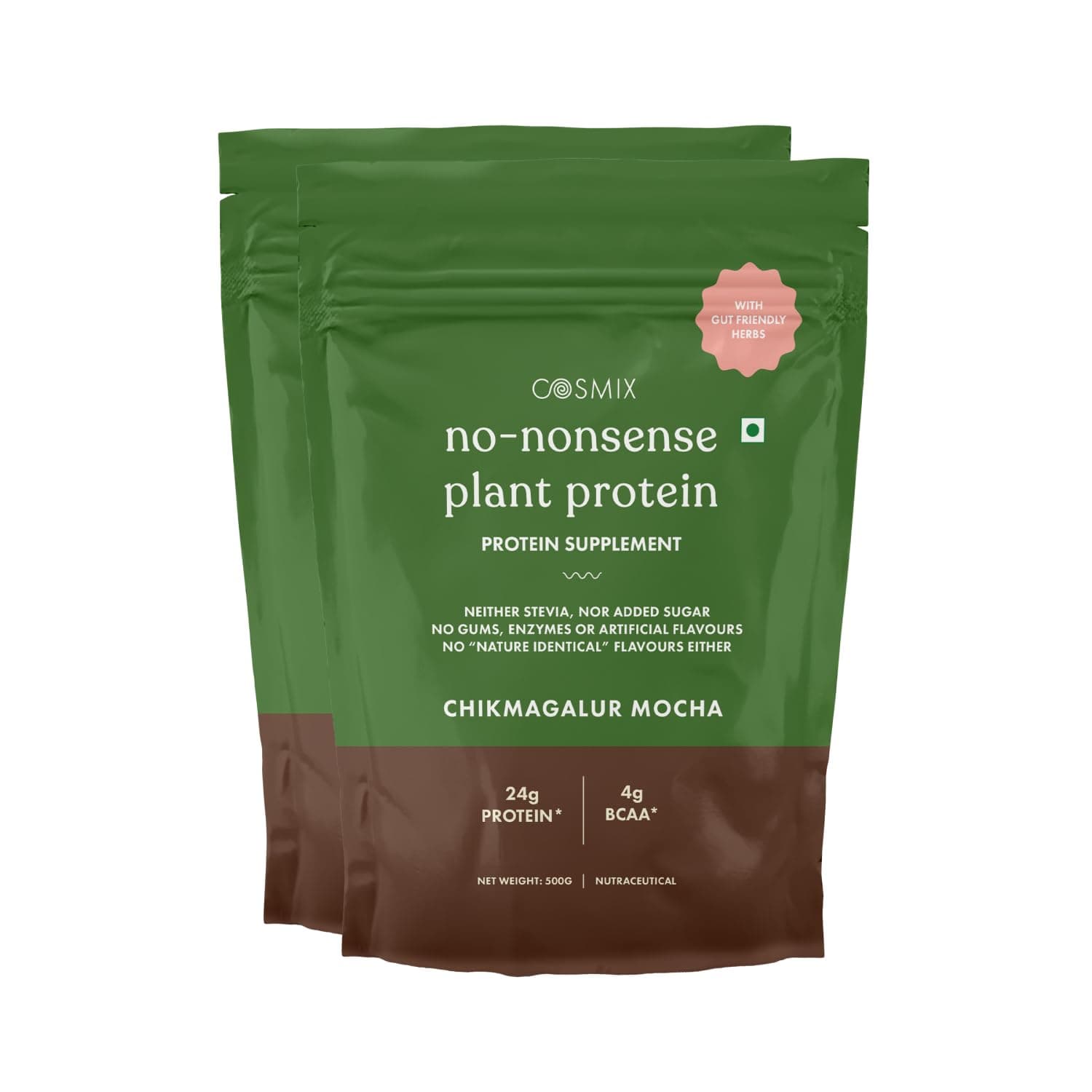 Cosmix No Nonsense Plant Protein | Pea & Rice Isolate | Plant Based | 24g Protein/Serving | Easy To Digest | All Essential Amino Acids - 1 kg Coffee + Chocolate- Chikmagalur Mocha - 500g(Pack of 2)