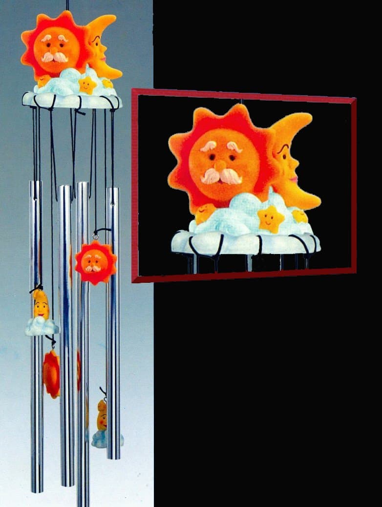 Wind Chime Whimscal Sun Moon Star in Clouds with baby stars 3D Round Top, Resin 4 Wind Chime Outdoor Decor 24 inches
