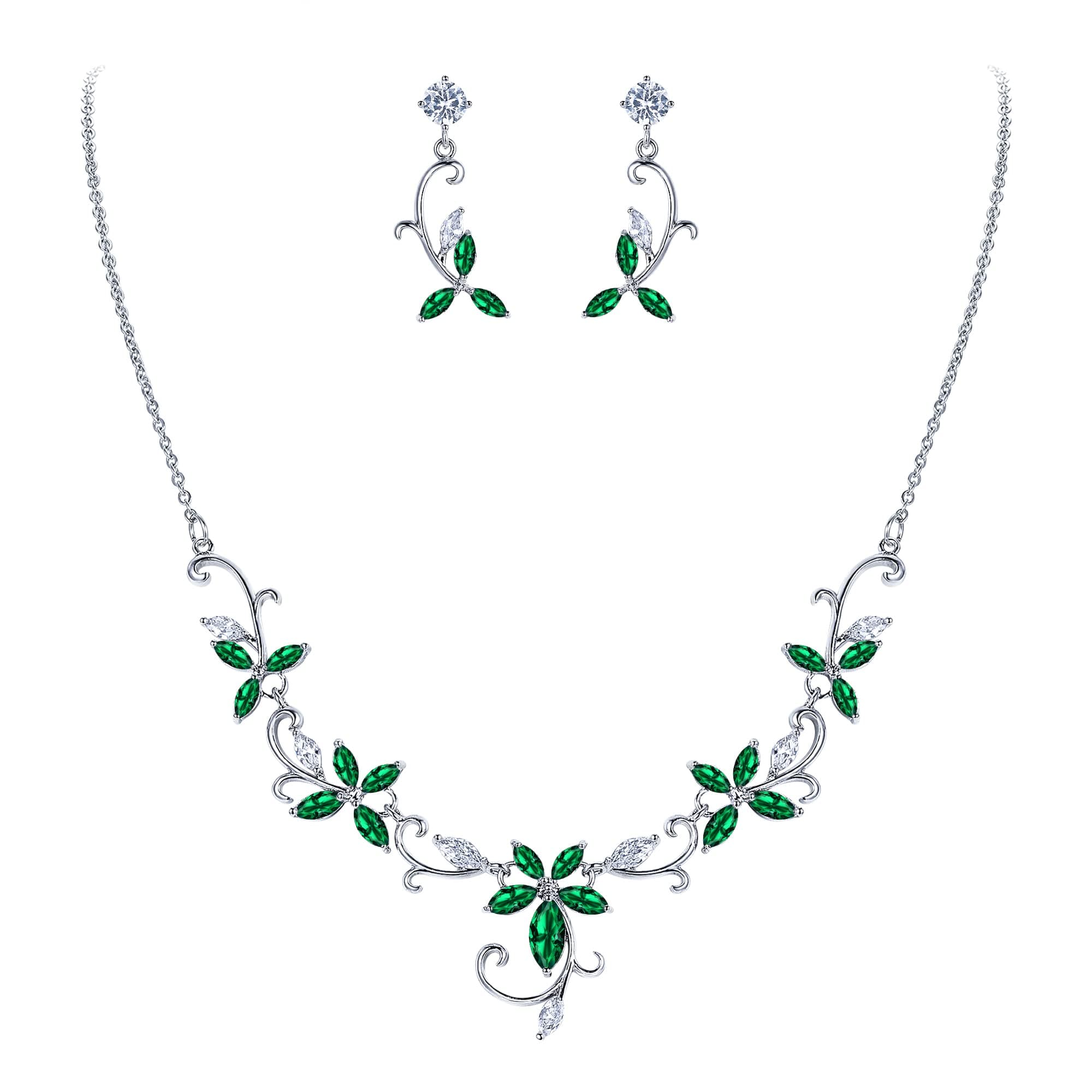 Crysdue Flower Leaf Wedding Jewelry Set for Bridal Bridemaid, Cubic Zirconia Teardrop Elegant Silver/14K/Rose Gold Plated Vine Necklace Dangle Earrings for Prom Party