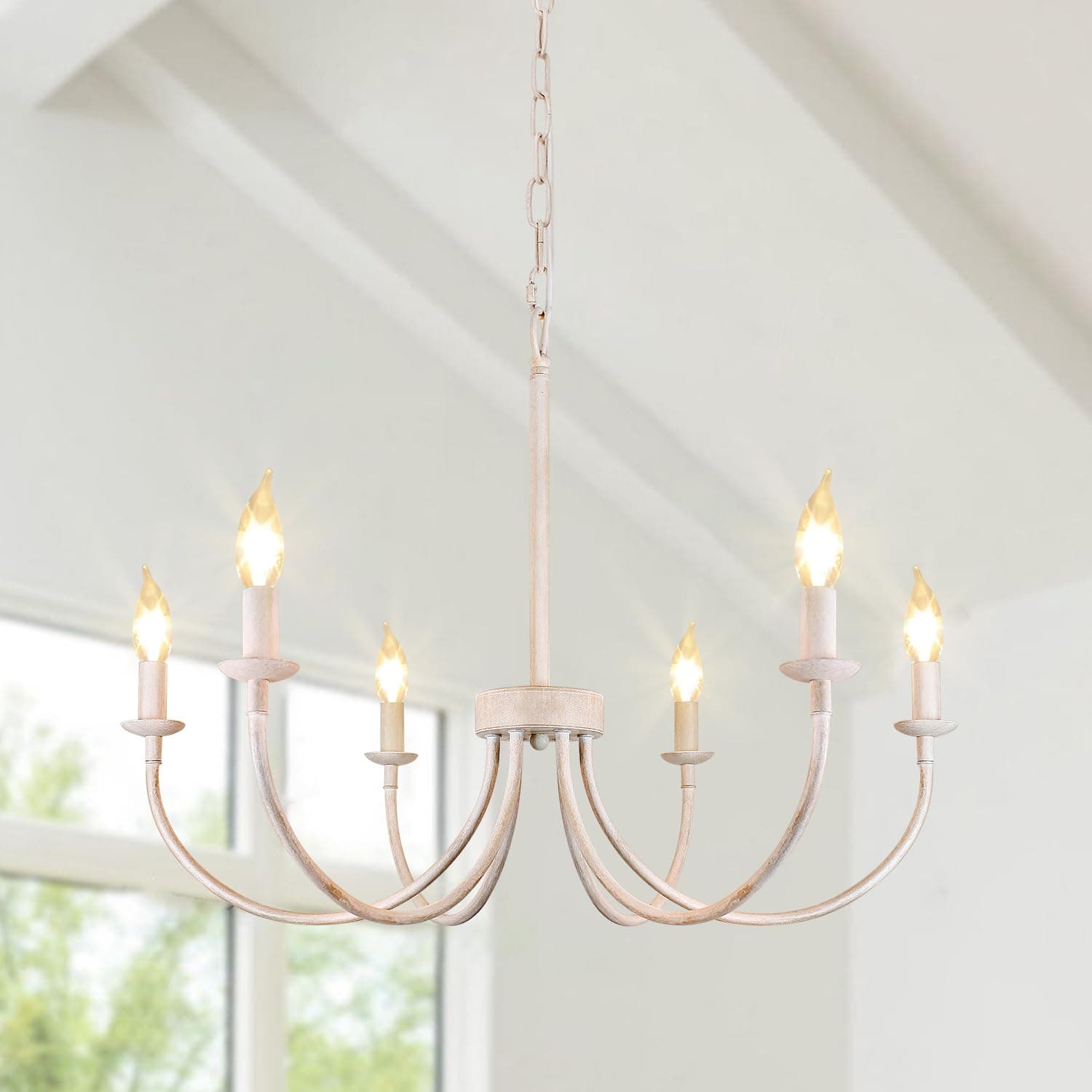 French Country Chandelier, 6-Light Antique White Farmhouse Chandelier for Dining Room Lighting Fixtures Hanging, Candle Hanging Pendant Lights for Kitchen Living Room Bedroom Foyer