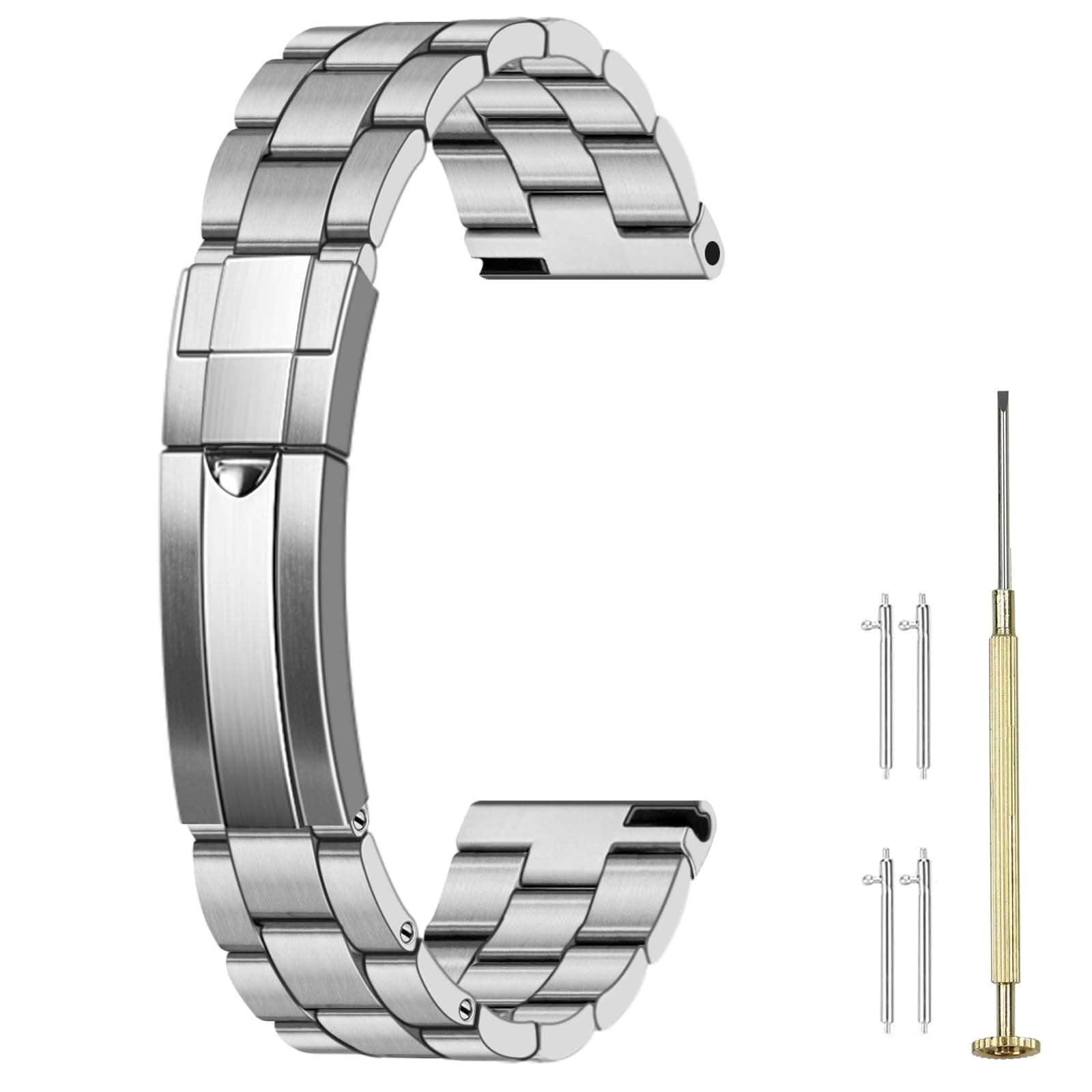 20mm 22mm Watch Strap Screw-in, Stainless Steel Watch Bracelet for Men Women, Curved End Straight End Metal Watch Band with Oyster Buckle