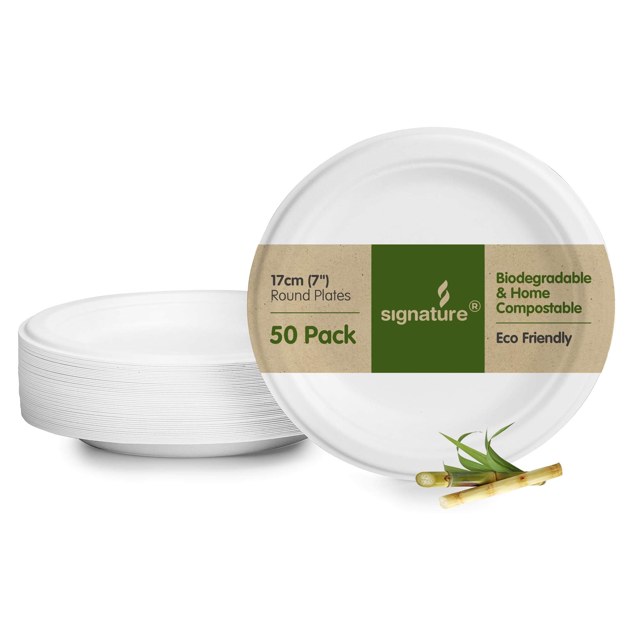 Signature Packaging - Paper Plates 50 Pack - Party Plates - Biodegradable Disposable Plates - Sturdy & Round 17cm