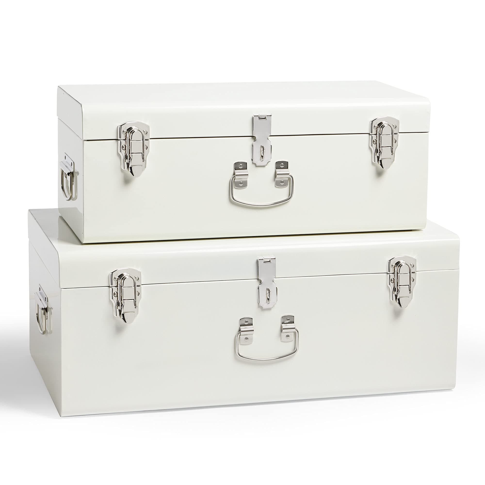 Beautify Storage Trunks, Set of 2 Cream Stainless Steel Storage Chests w/Silver Detailing, Stackable Bedroom Organisers w/Lockable Lids, Sturdy Multi-Purpose Bedding, Blanket & Toy Box