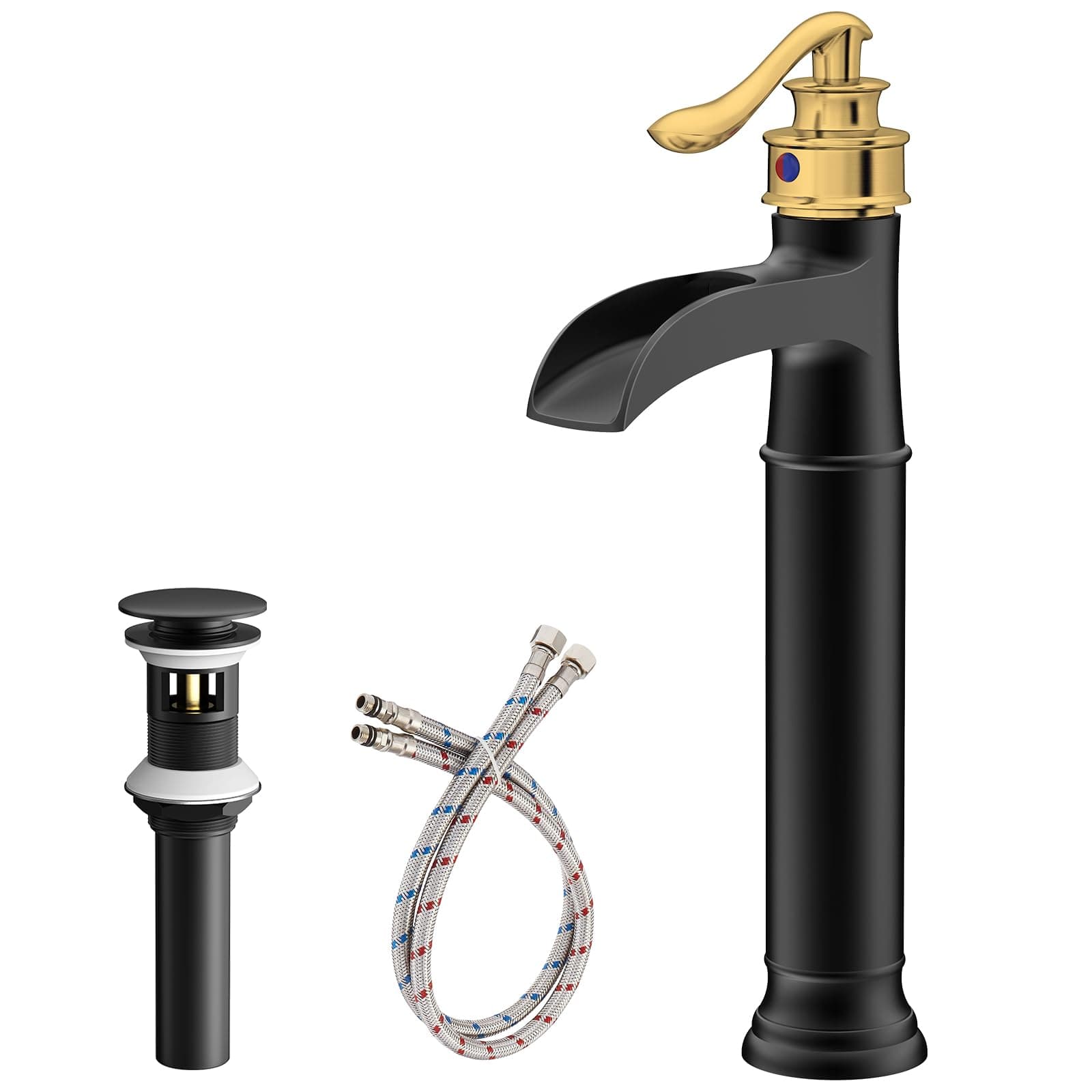 Vessel Sink Faucet 1 Hole, Waterfall Single Handle Bathroom Faucet, Black and Gold Brass Tall Farmhouse Bathroom Faucets with Pop Up Drain Mixer Tap for Lavatory Vintage Antique Washroom