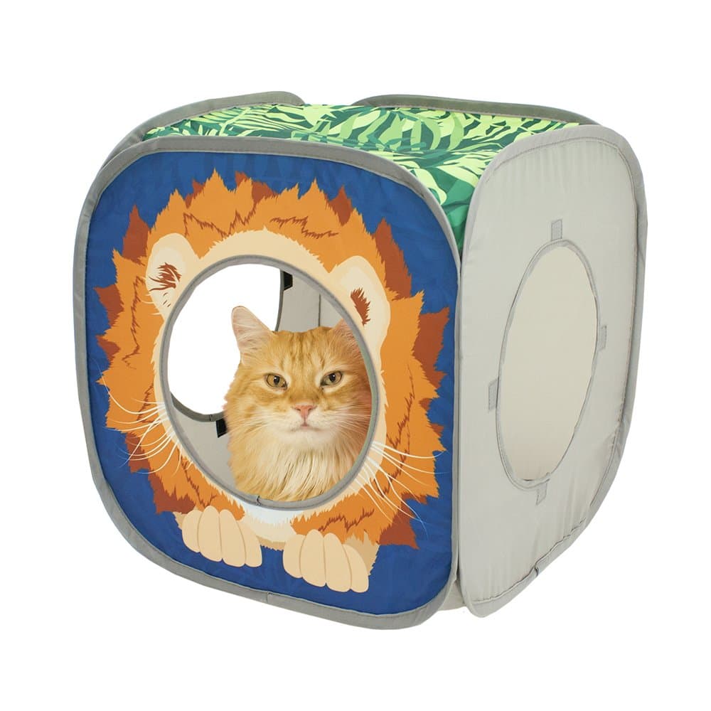 Kitty City Safari Jungle Pop-Up Cat Cube, Collapsible Indoor Cat Hideout & Play Cube with Peekaboo Openings, Easy Storage, 15” x 15” x 15”