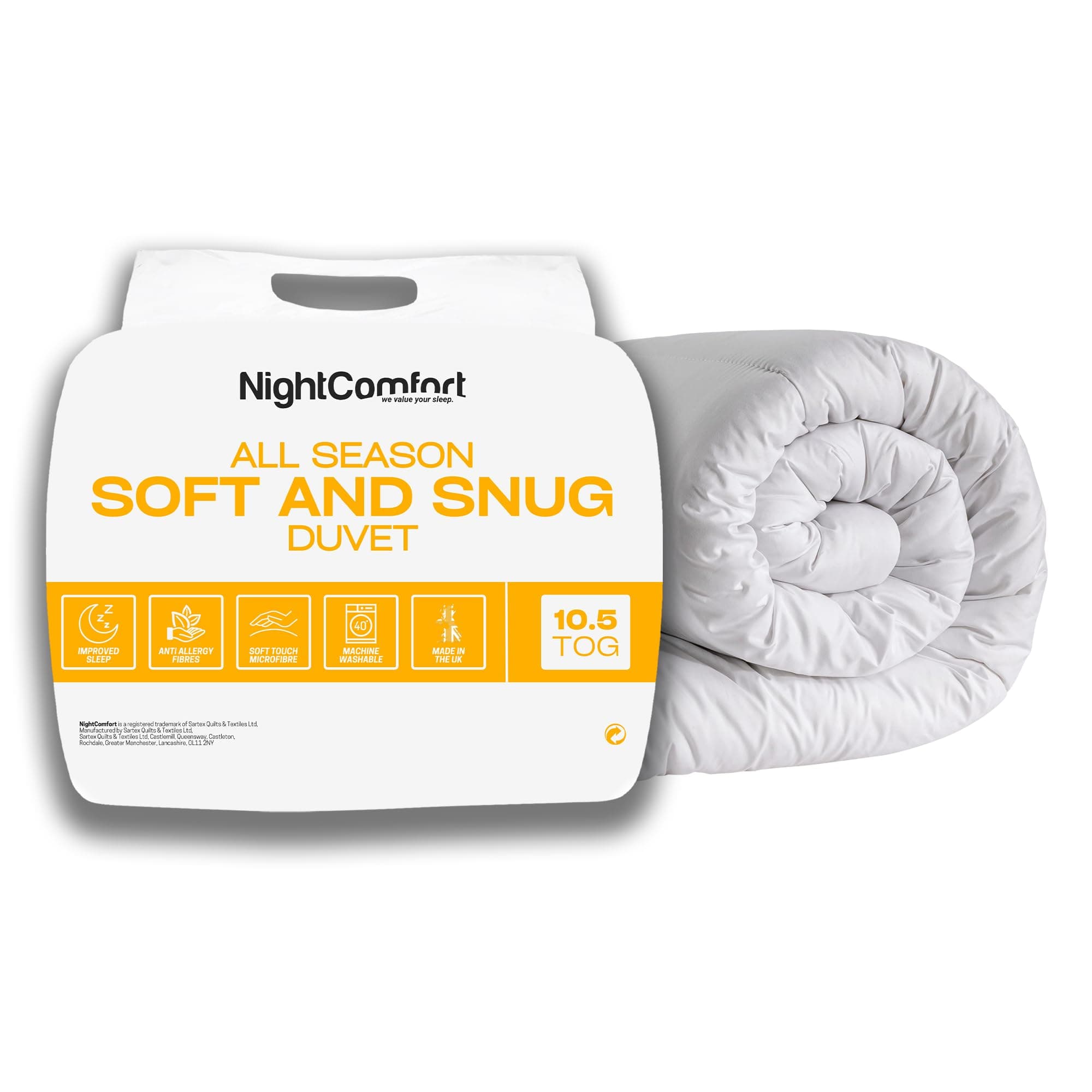 Night Comfort Soft & Snug Anti-Allergy 10.5 Tog All-Season King Size Duvet - Hypoallergenic Breathable Microfibre Cover with Lightweight Hollowfibre Filling Bedding Quilt - (230cmx220cm, White)