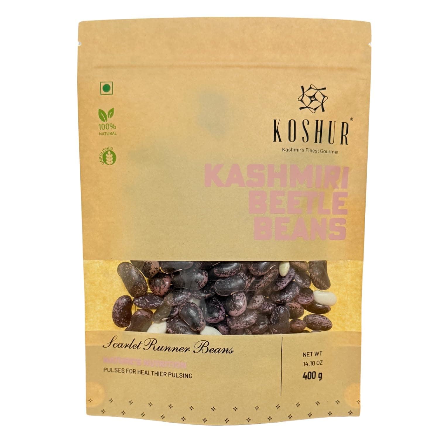 Koshur Kashmiri Beetle Beans 400g Pack, 100% Organic Bettle Beans, High Protein & Fiber, Authentic Kashmiri Flavor, Gluten-Free, Ideal for Indian Cuisine, Vegan & Non-GMO