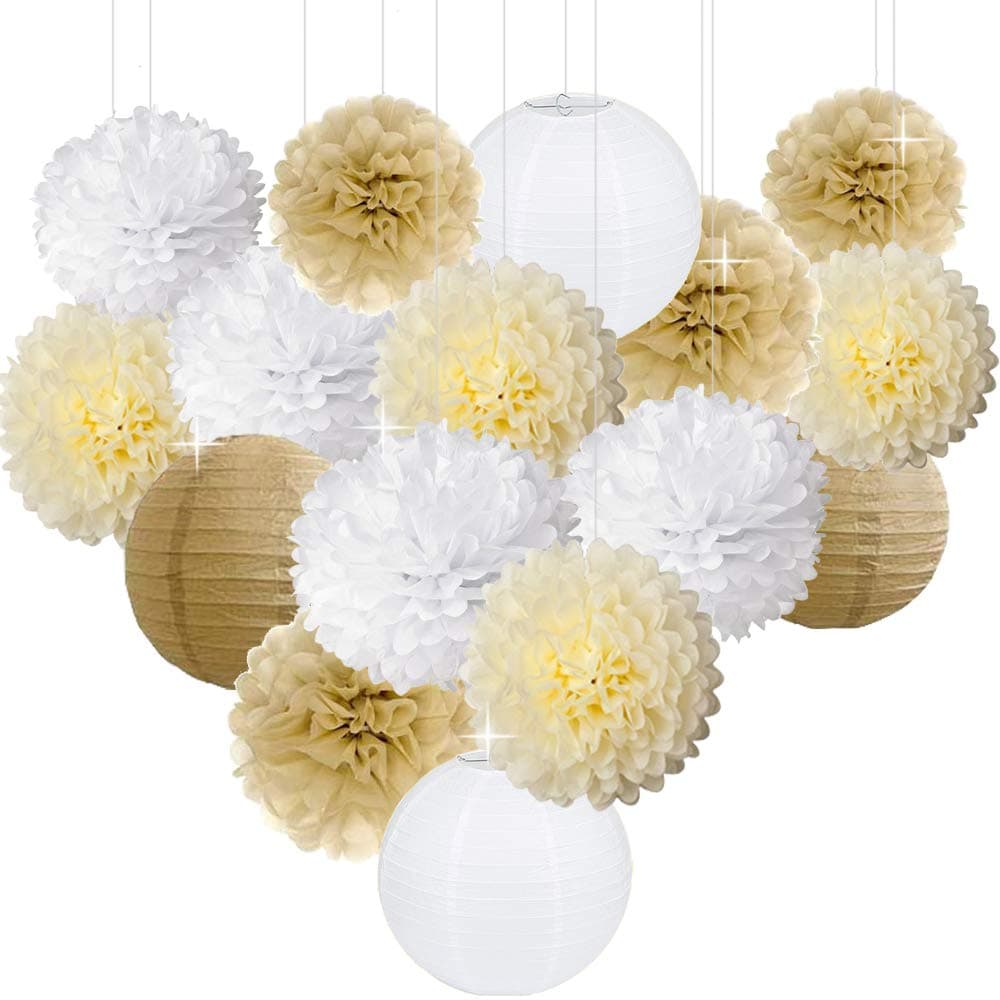 16PCS Kraft Tan Brown Cream White Tissue White Party Tissue Paper Pom Poms Paper Lantern Party Streamer Bunting Banner Backdrop for Rustic Baby Shower Burlap Outdoor Wedding Bridal Shower Nursery Deco