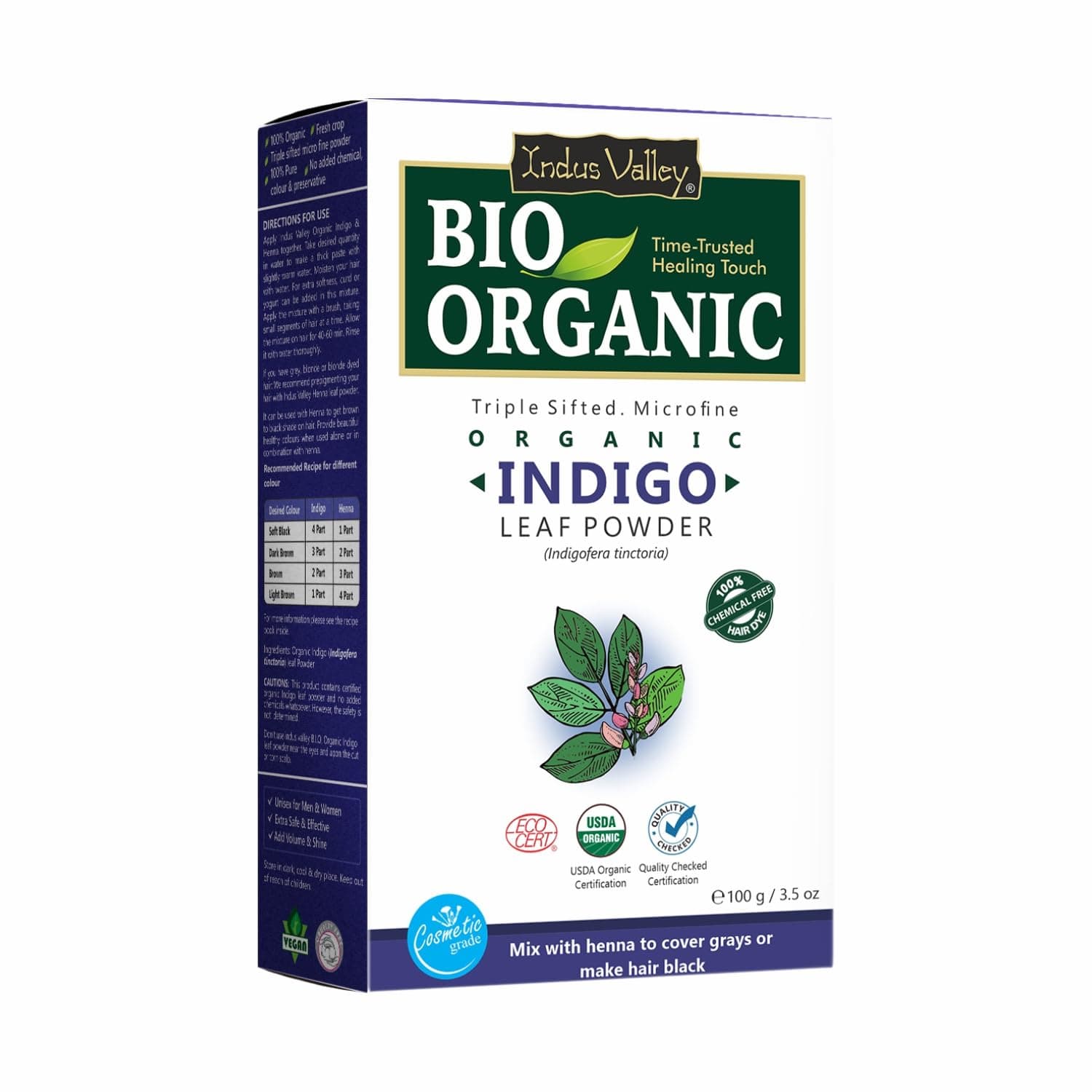 Indus Valley Bio Organic Herbal Indigo Powder for Natural Hair Color, 100% Organic & Chemical-Free, Helps Protect Hair from Damage and Supports Healthy Hair – 100g