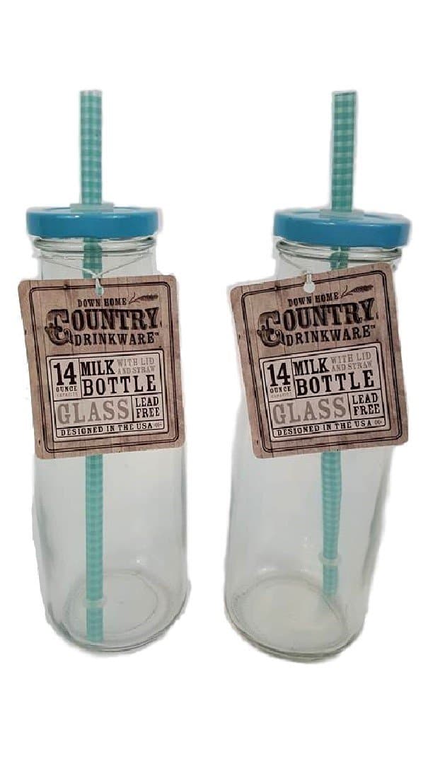 Vintage Glass Milk Bottles With Lid And Straw - Express Pro (6, blue)