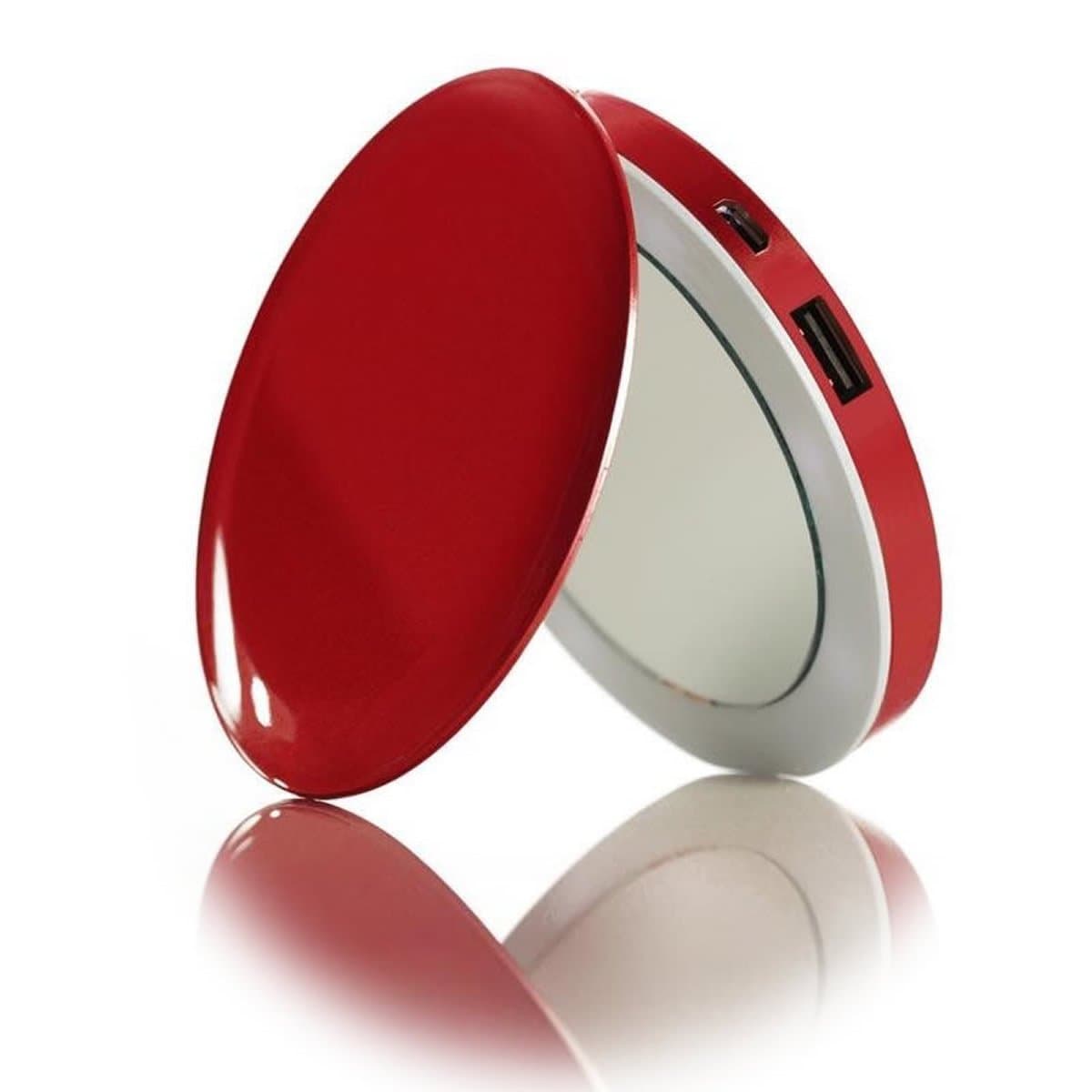 DRP-PL3000RED Pearl Compact Mirror Usb Rechargeable Battery Pack, Light Up Personal Makeup Mirror With A 3000Mah Battery And 2.1 Amp Usb Port Red