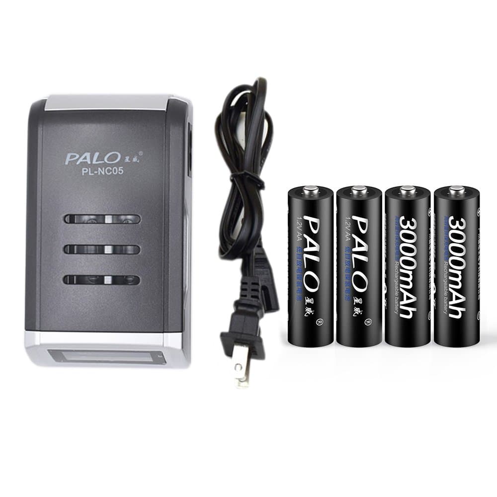 PALO Charger Universal 4 Slots LCD Display Smart Intelligent Battery Charger with 4PCS 3000mAh AA NiCD NiMH Rechargeable Batteries (with 4PCS AA Batteries)