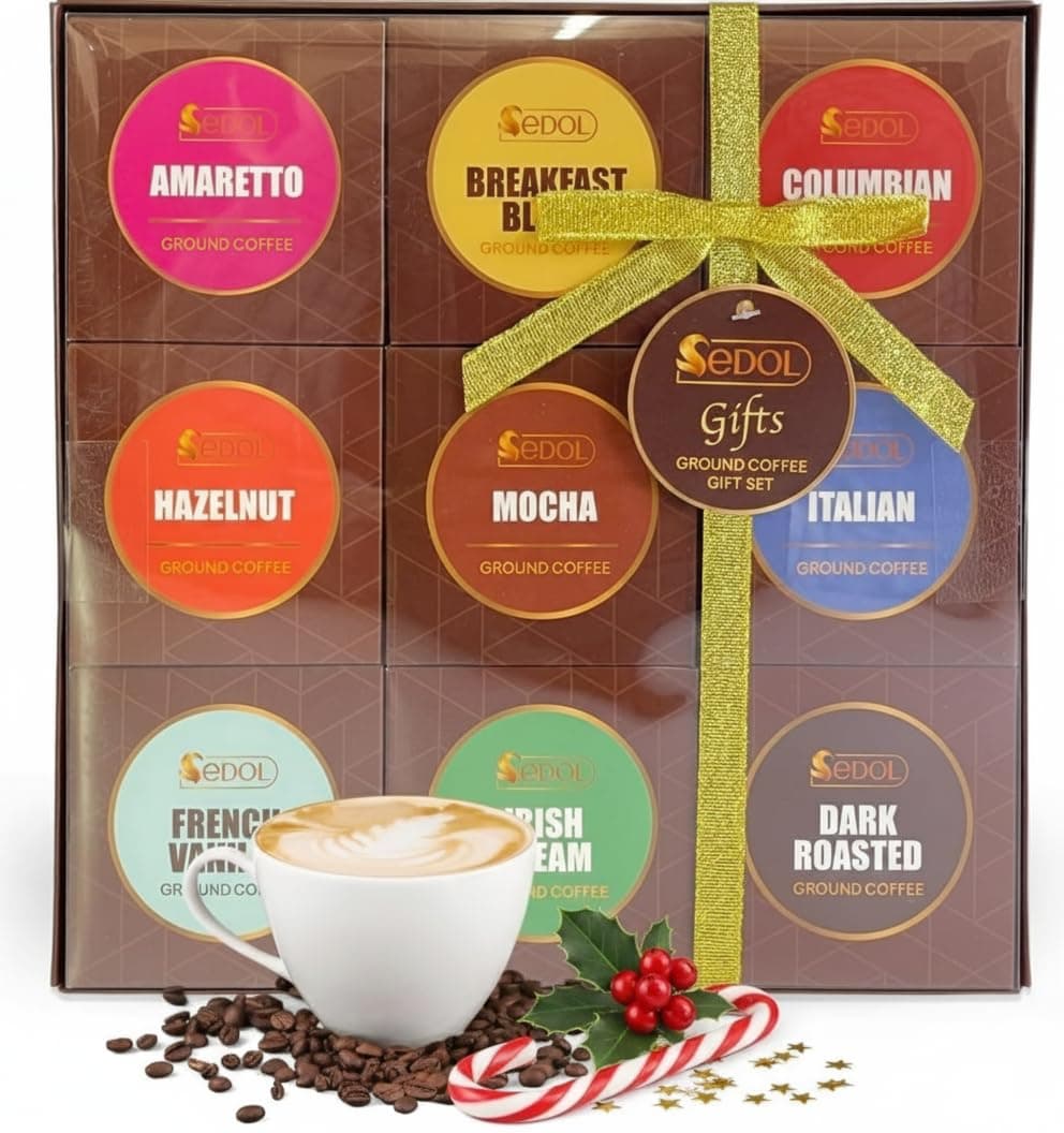 Ground Coffee Gift Set for Mothers Day – 9 Flavour Gourmet Coffee Sampler Box with Colombian Amaretto Hazelnut Vanilla Mocha Irish Cream Italian & More – Gift Hamper for Mum Women Coffee Lovers