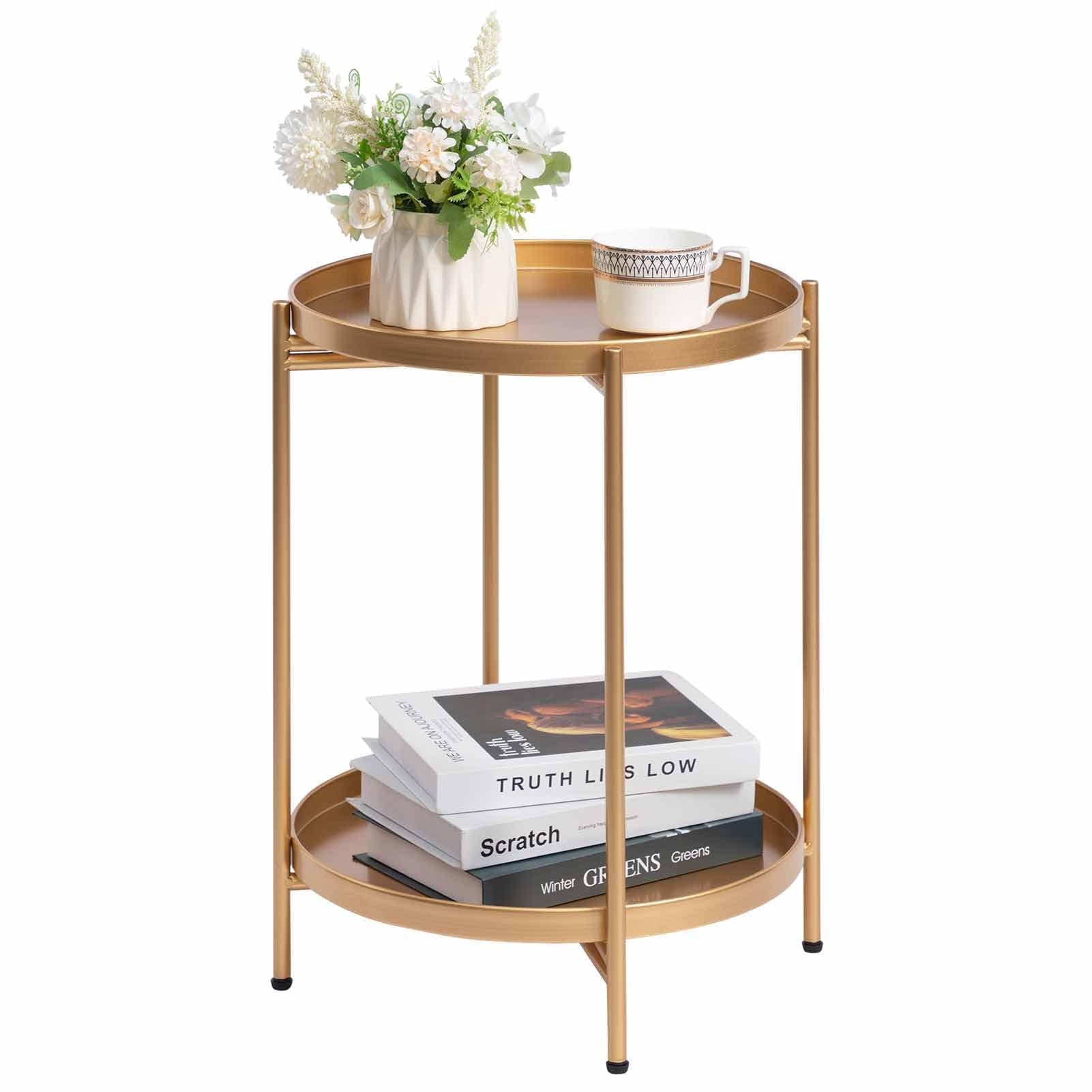 HollyHOME Round Side Table Gold End Table, 2-Tier Metal Tray Snack Table Coffee Table Tea Table Nightstand Sofa Table for Living Room Bedroom Balcony Patio