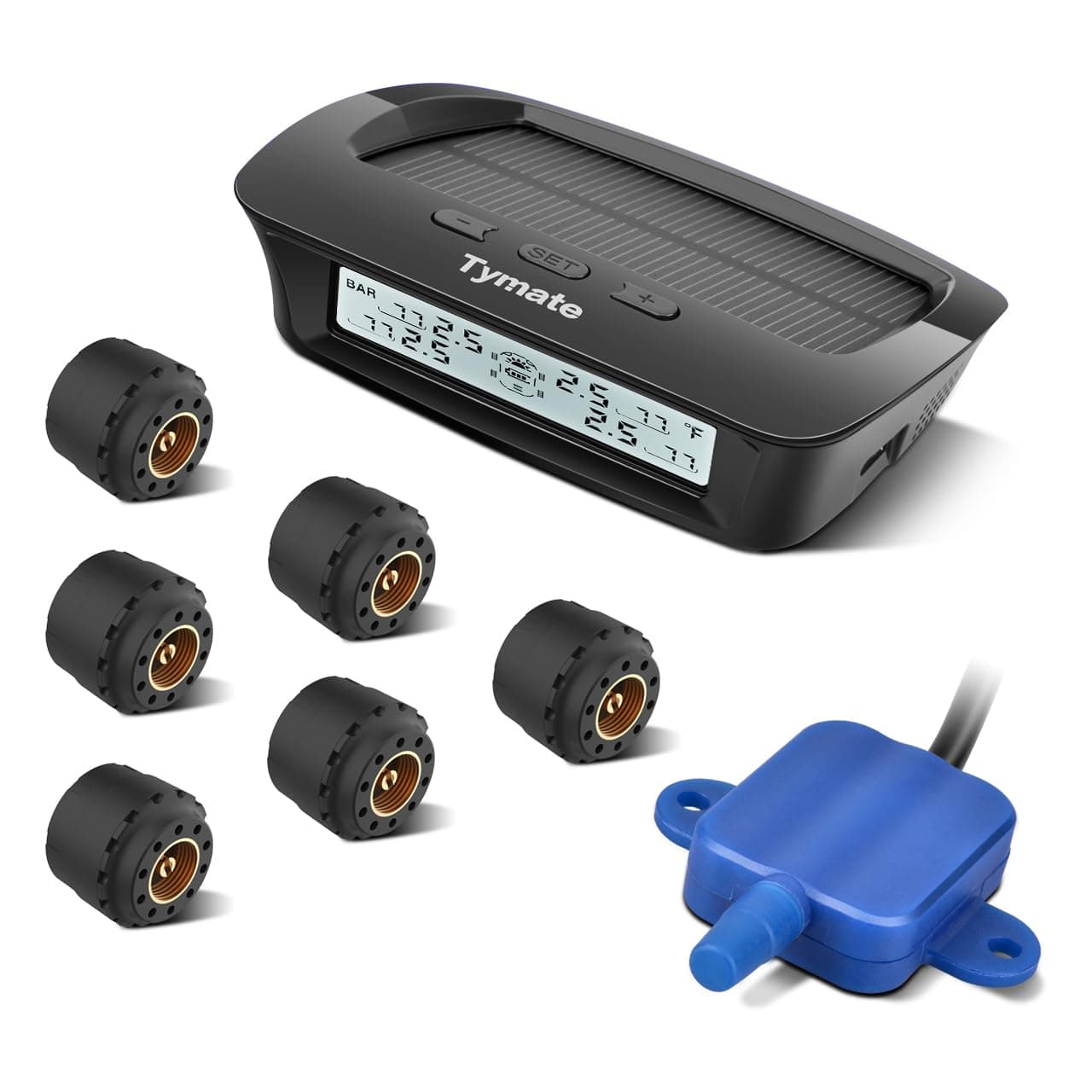 Tymate RV Tire Pressure Monitoring System M12-3 - Solar Charge, 5 Alarm Modes, Auto Sleep Mode, Tire Position Exchange, 6 TPMS Sensors, Repeater for Long Distance Sensing, Easy to Install (0-87 PSI)