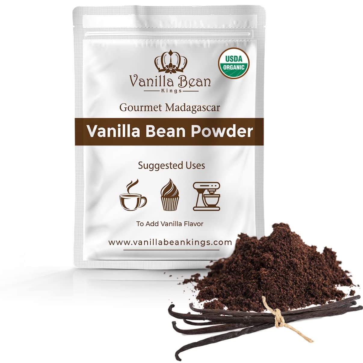 Vanilla Bean Kings Powder - 100% Pure Ground Madagascar Powder - For Cooking, Baking, & Additional Flavoring - Add To Coffee, Tea, Yogurt, & Shakes - Raw, Unsweetened, No Fillers or Additives - 1 oz