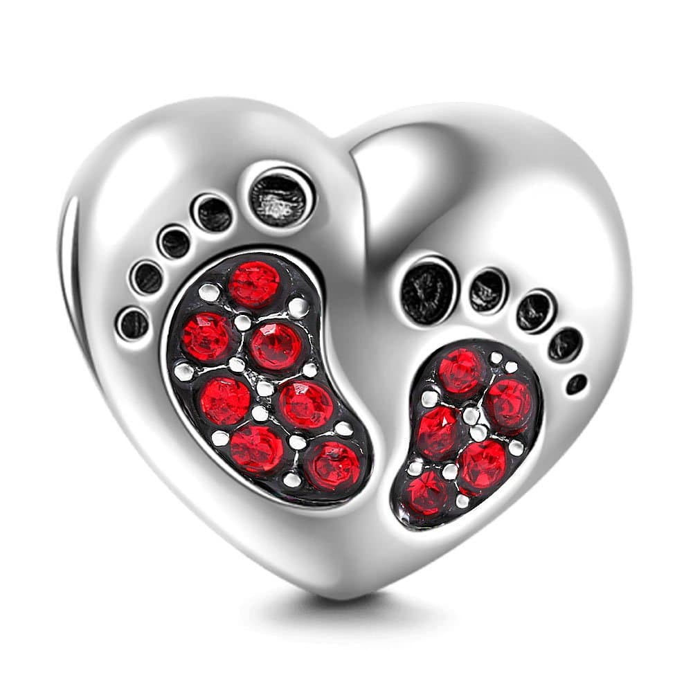 SOUKISSFootprint Heart Charm 925 Sterling Silver Christmas Family Mother Love Bead Baby First Steps Charm for Pandora Bracelet