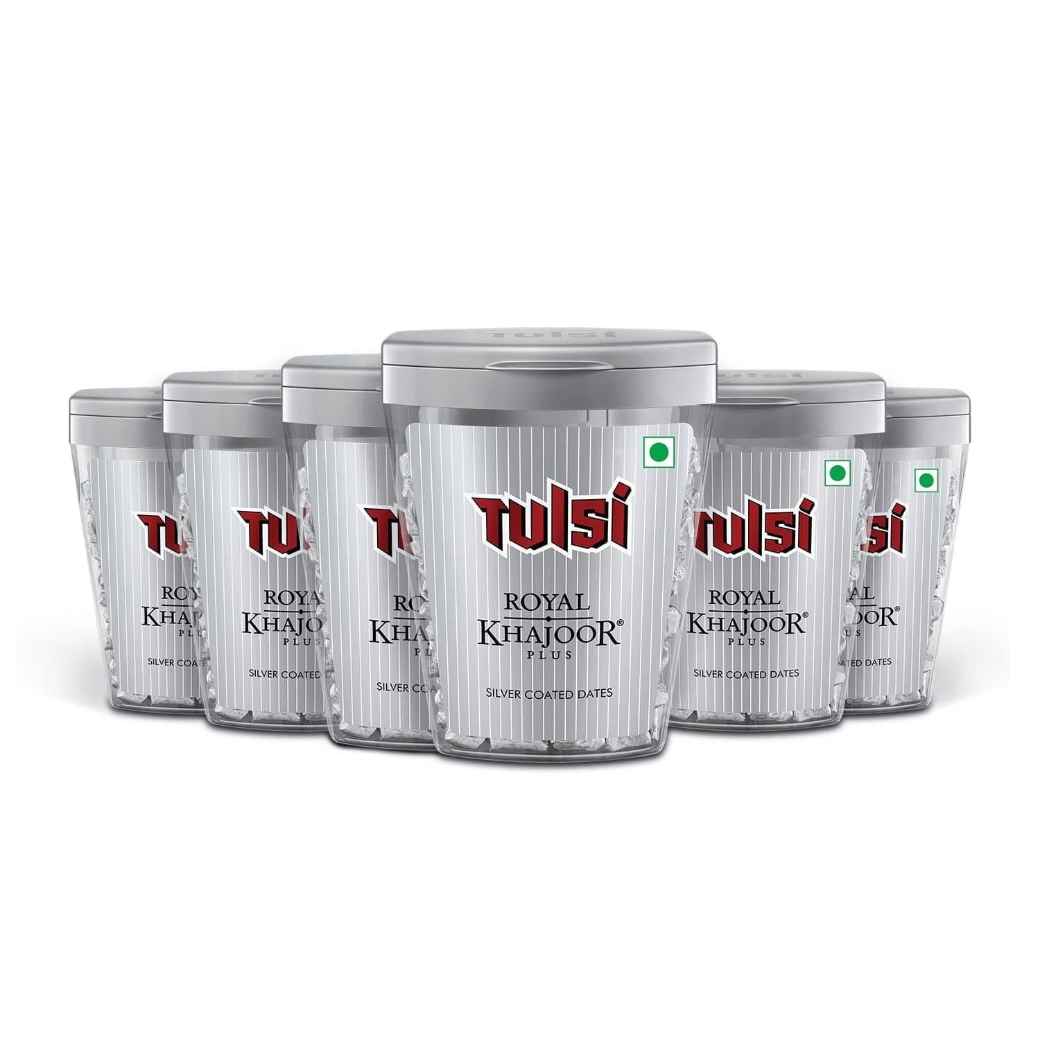 Tulsi Royal Khajoor Plus|Pack Of 6 (30 Gram X 6)|Silver Coated Khajoor|Dates| Mint Mouthfreshner Jar|Flip Top Pack