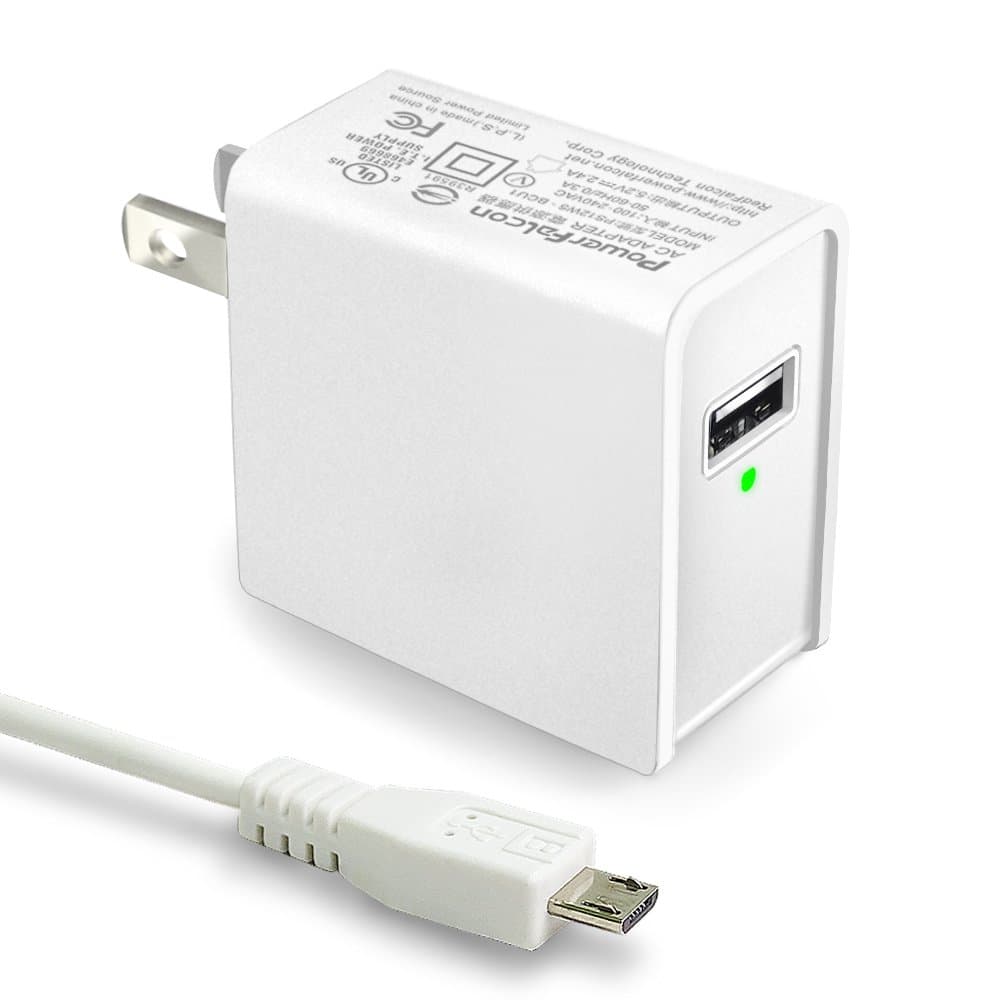PowerFalcon 12W (5V/2.4A, UL Certified) Travel Wall Charger (White), Builtin Smart IC for iPhone X/8/7/6s/8 Plus, Samsung Galaxy S7 / S6 / Edge/Plus, Fire 8, Foldable Plug + 80cm Micro-USB Cable