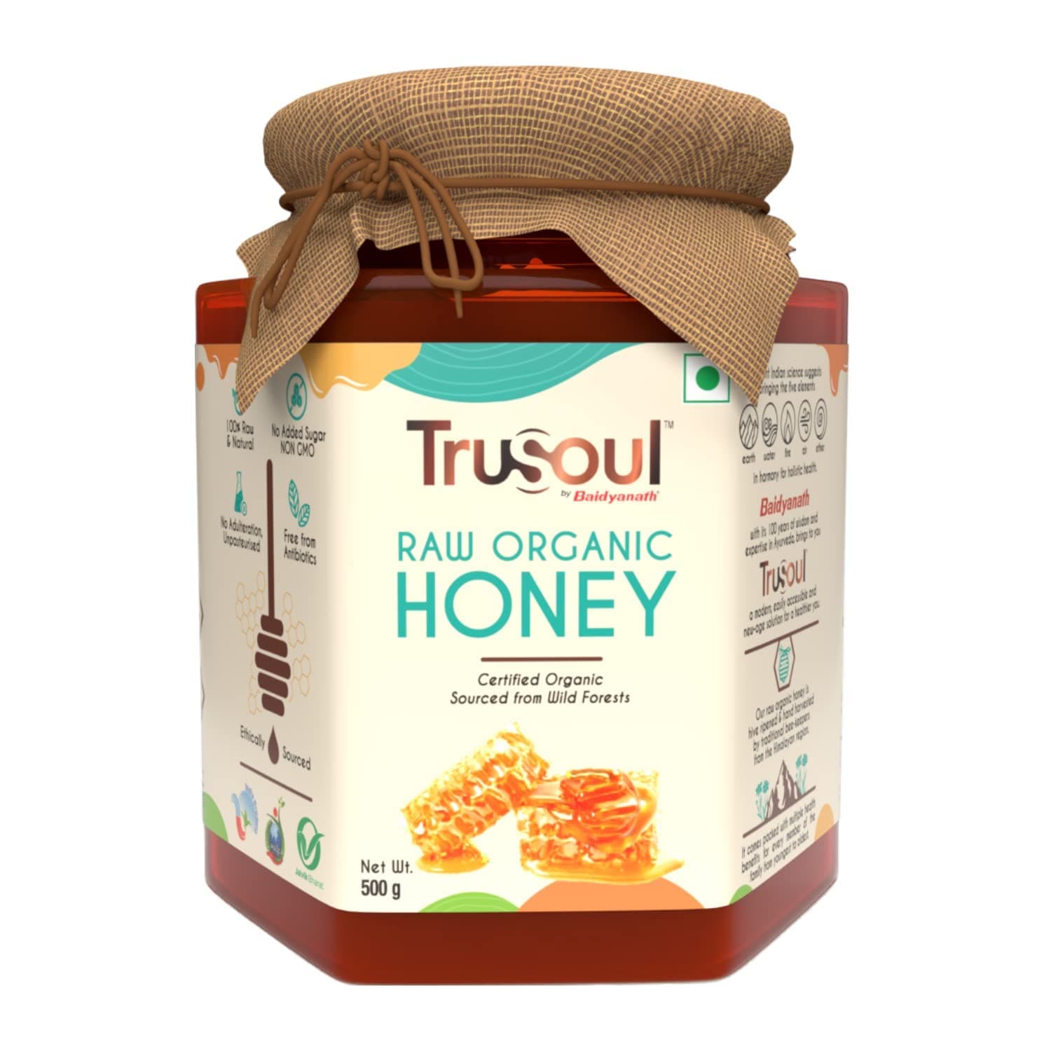 TruSoul By Baidyanath Raw Organic Honey - 500gm | NPOP Organic Certified, Sourced from Himalayas | 100% Raw & Natural | No Added Sugar | Unprocessed, Unpasteurized -(Pack of 1)