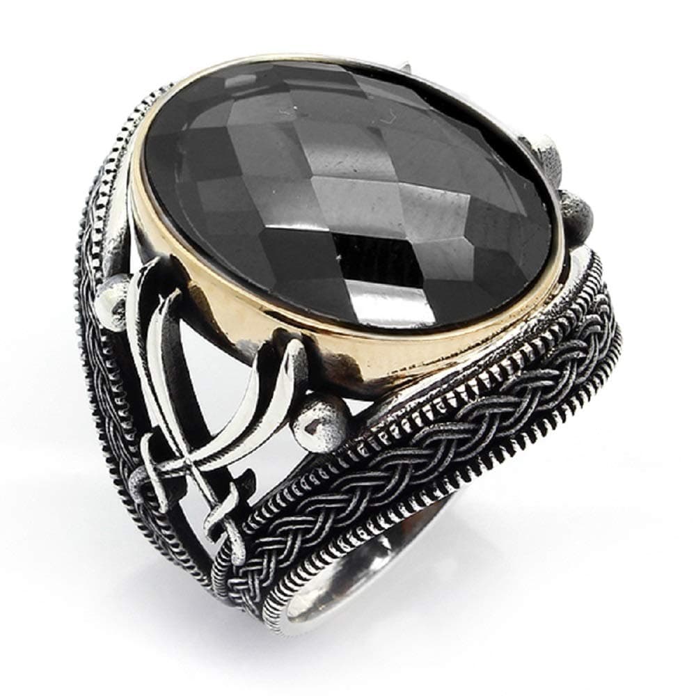Turkish Islamic Jewelry Zulfiqar Black Zircon 925K Sterling Silver Men's Ring 2