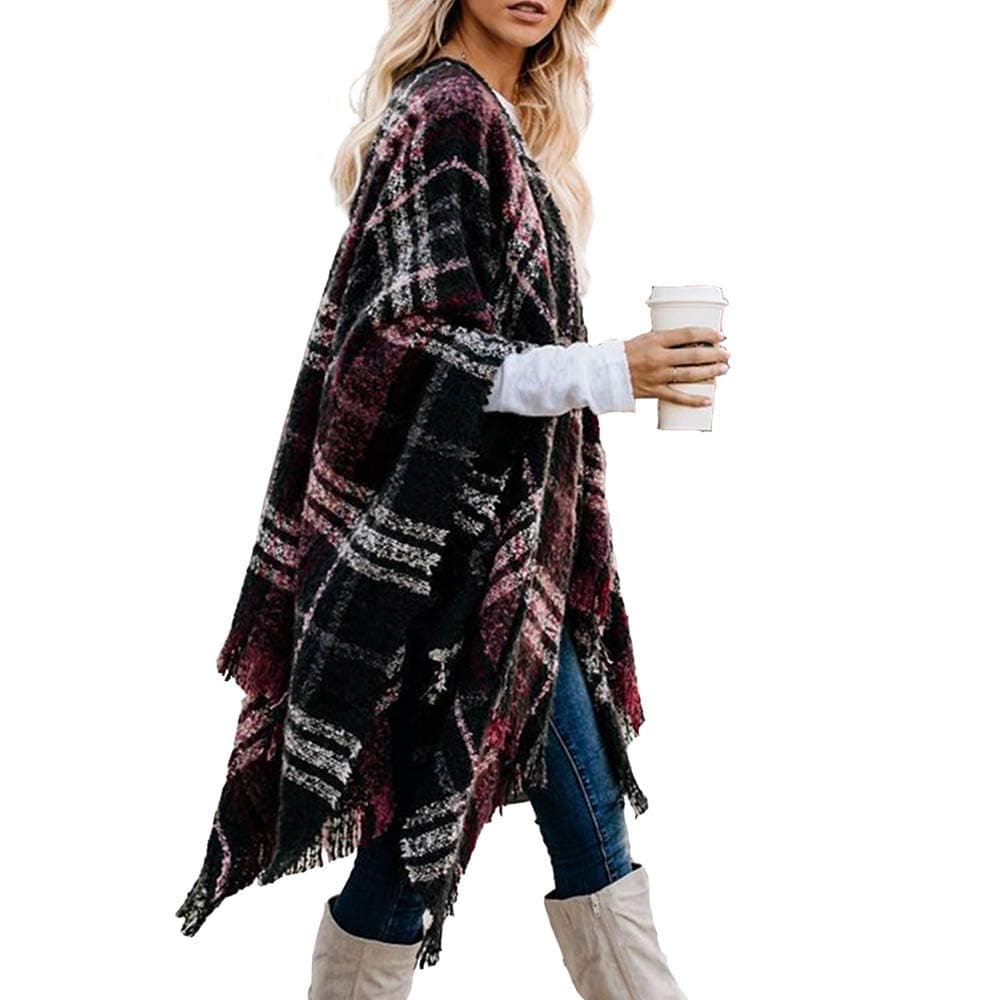 Women's Shawl Wraps Fall Clothes Open Front Boho Tessel Cardigan Plaid Knitted Sweater