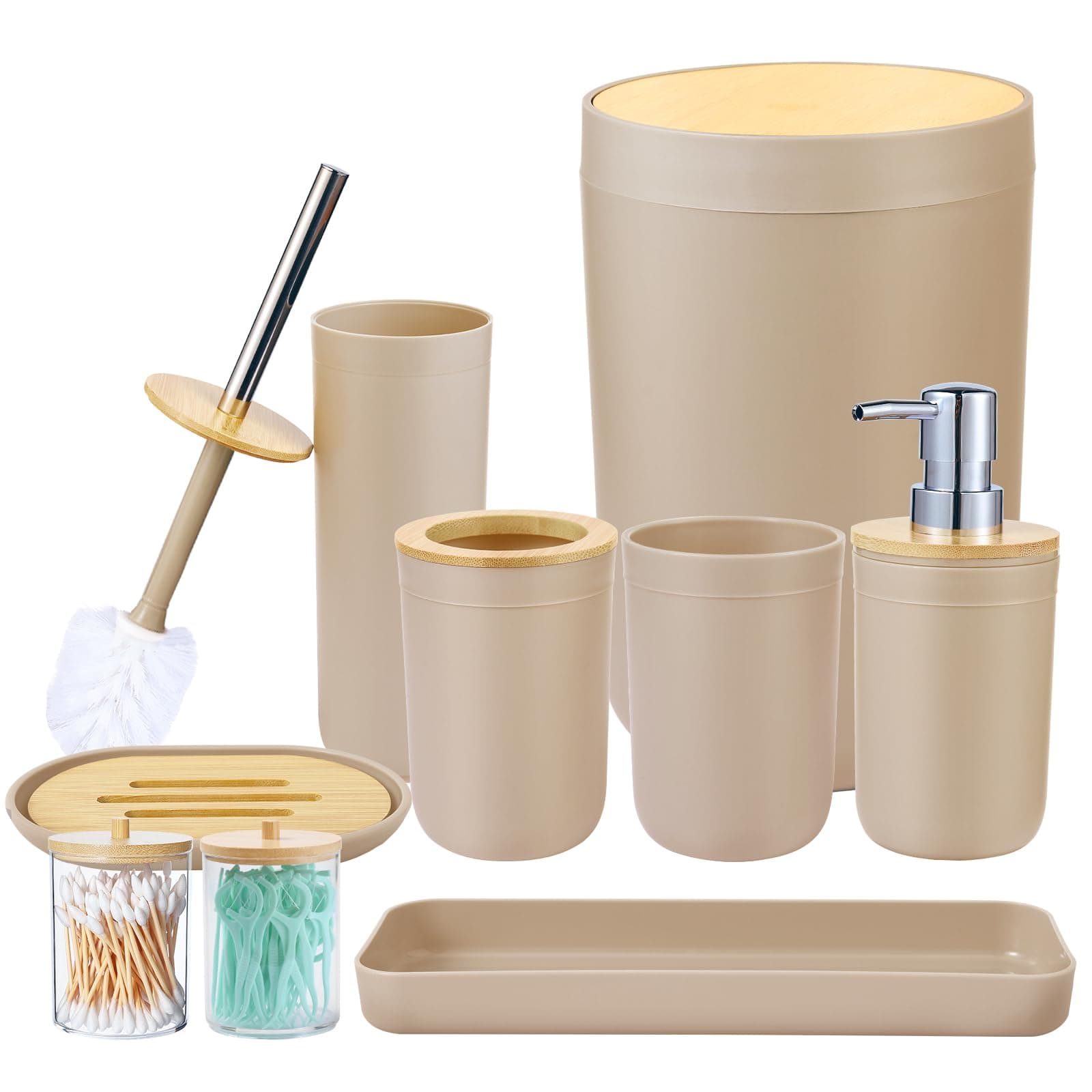 iMucci Bathroom Accessories Set - with Trash Can Toothbrush Holder Soap Dispenser Soap and Lotion Set Tumbler Cup(8Pcs Beige Bamboo Cover)