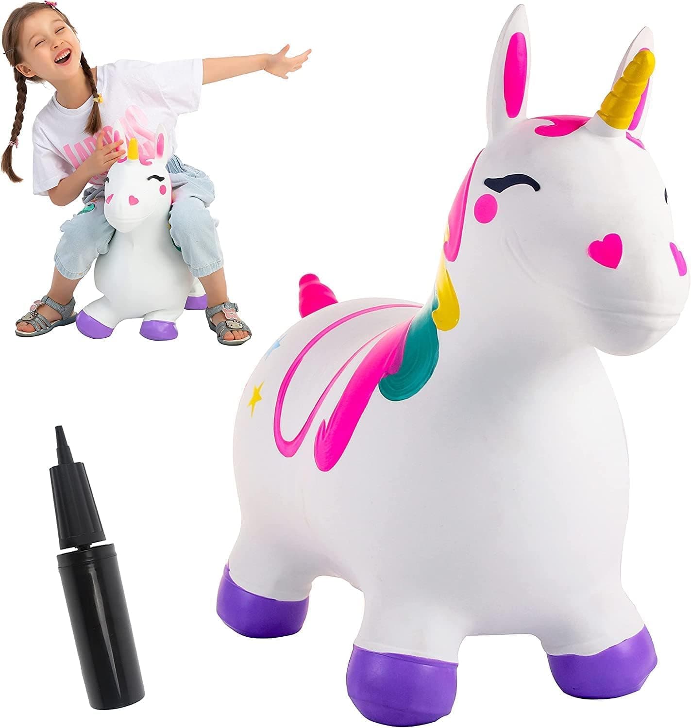 Bouncy Unicorn Horse, Kids Ride On Bouncer, Toddler Girl Bouncing Animal Hopper, Inflatable Hopping Toy for Birthday Gift, 18 Months 2 3 4 5 Year Old Kids Toddlers Boys Girls