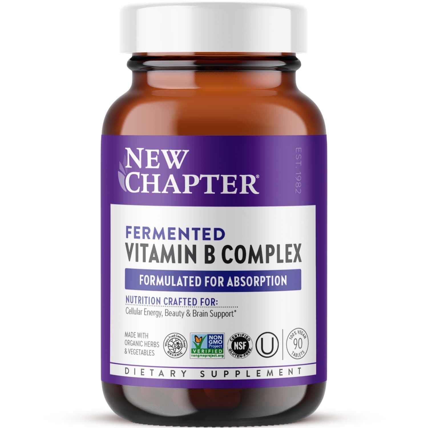 - New Chapter Vitamin B Complex, Fermented Vitamin B Complex, USDA Organic, ONE Daily for Cellular Energy + Brain + Beauty, 100% Vegan, Gluten-Free - 90 Count