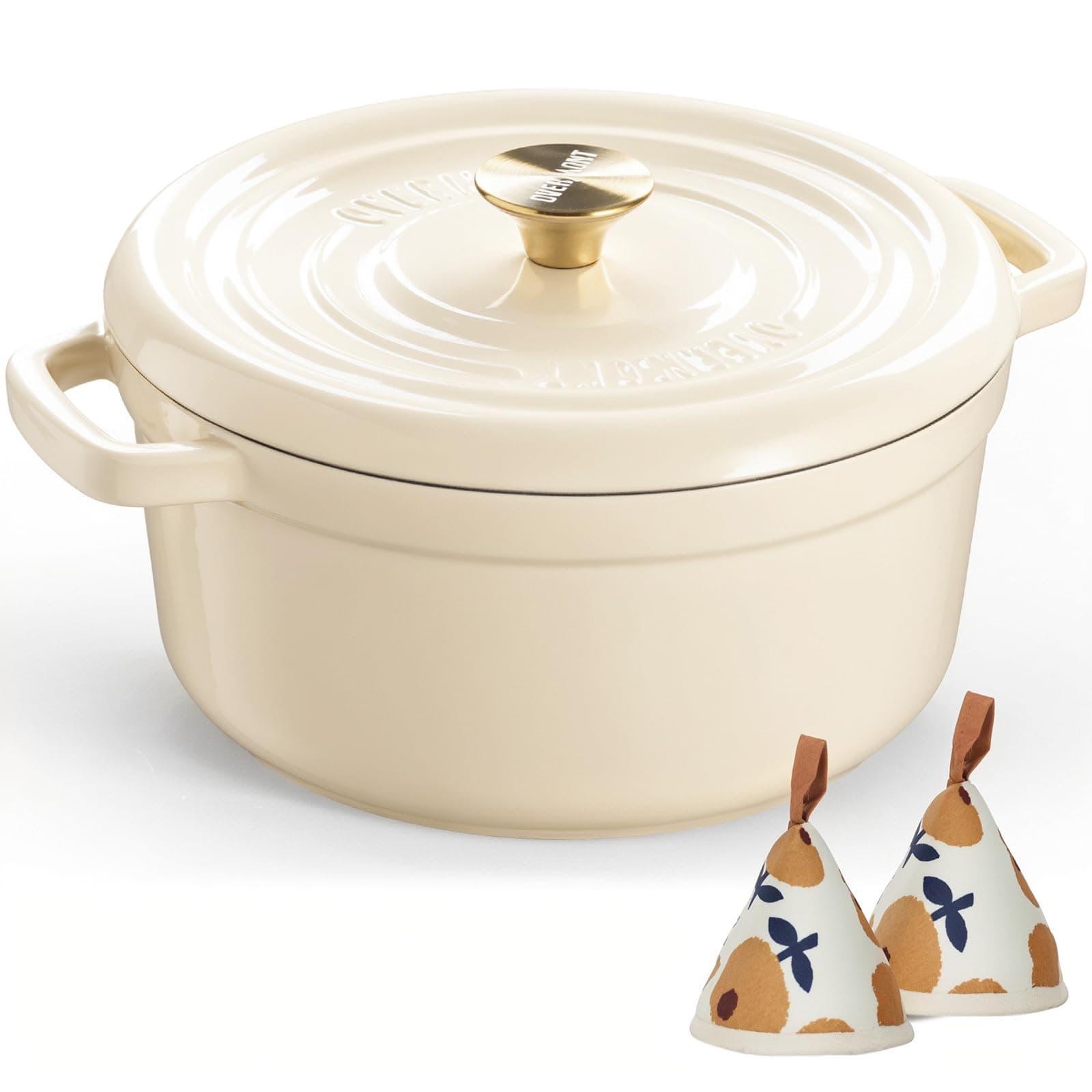 Overmont Roasting Dish Enamelled Cast Iron Pot Dutch Oven 26 cm Oven-Safe with Lid and Cookbook for Roasting Kitchen Baking Braising White
