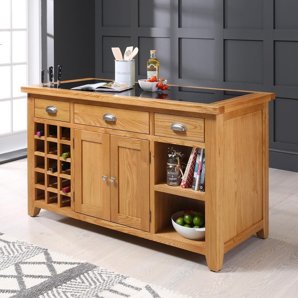 Cheshire Oak Large Kitchen Island with Black Granite Top - Ample Storage with Drawers & Cupboards, Stylish Design, Ideal for Kitchen Organization - H 865 x W 1400 x D 670mm