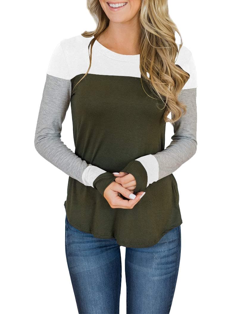 Minthunter Women's Long Sleeve Crew Neck Cute Tunic Color Block Tops