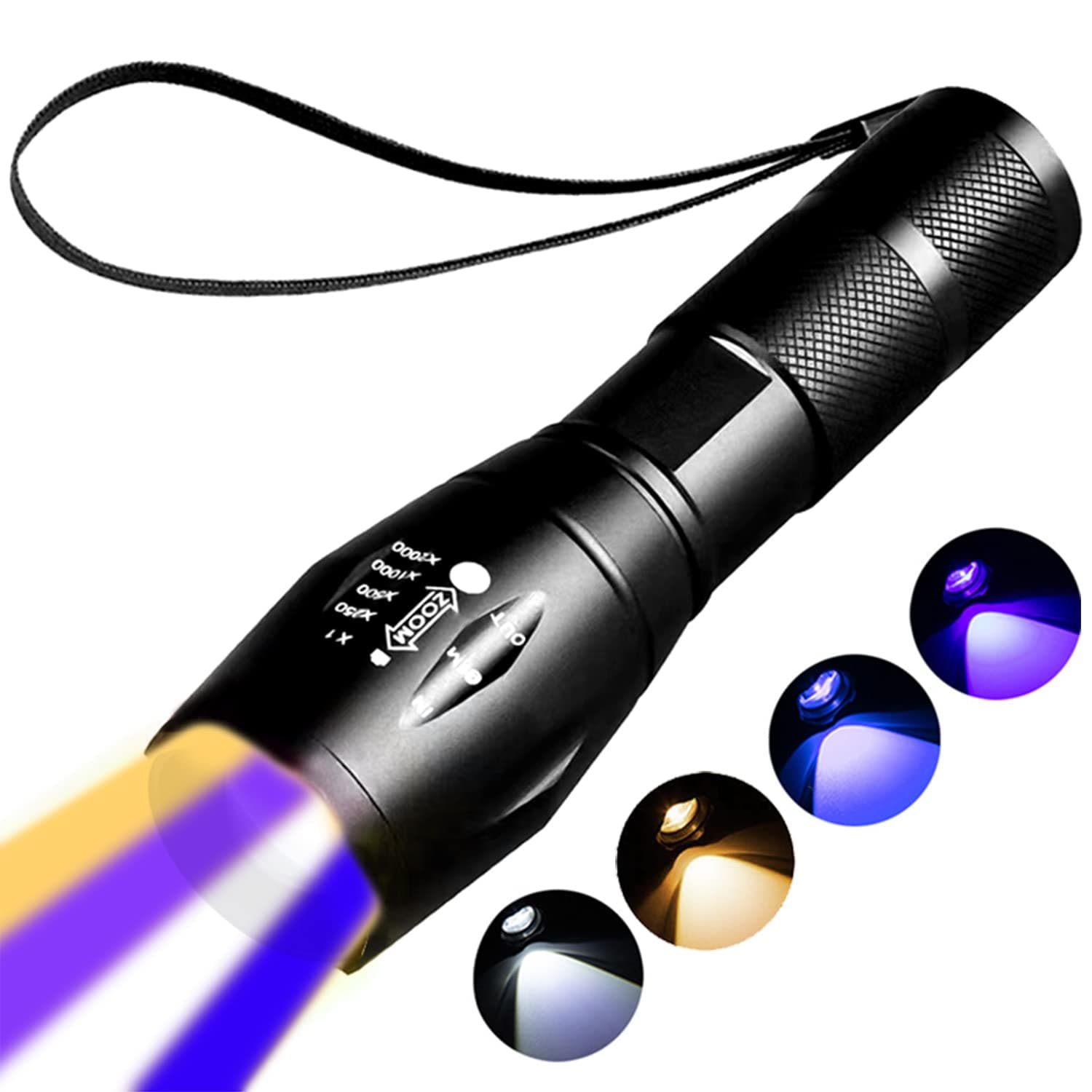 Rechargeable Multi Function Flashlights – 4 Color Lights, Black Light UV Flashlights, Blood Tracking Light for Hunting，4 Modes. LED UV Black and Blue Light and White Lights and Yellow Lamps