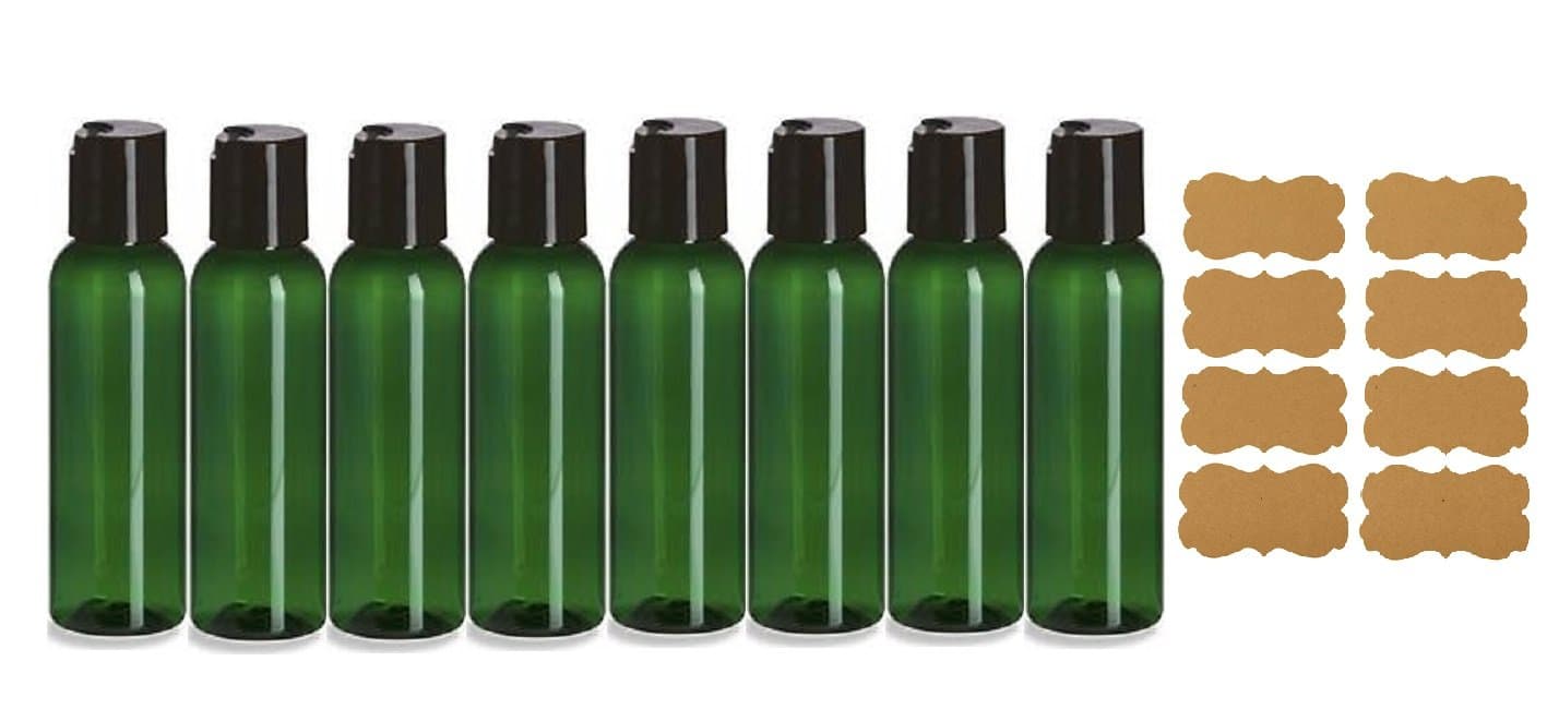2oz Plastic Bottles Green PET Qty 8 w/Smooth Black Disc Top Caps & Kraft Labels 60ml or 2 Oz