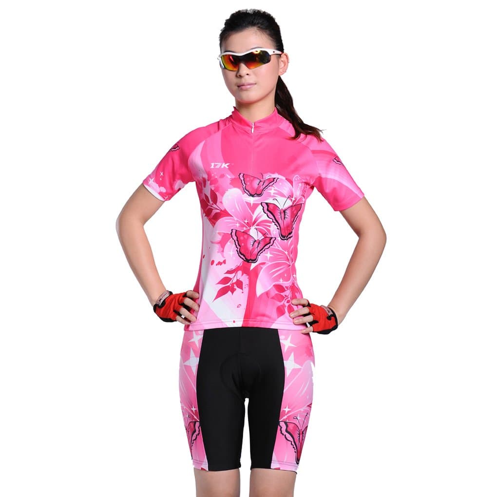 17K Women Cycling Jersey Pants Cycle Shorts Sleeves Shirt Bicycle Jersey Butterfly Pink Size M