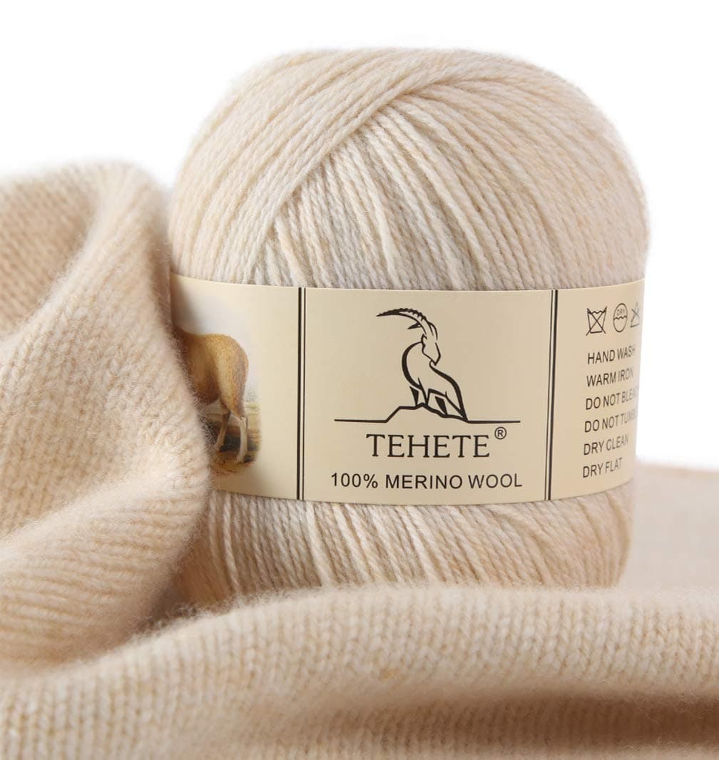 TEHETE 100% Merino Wool Knitting Yarn 3 Ply Luxury Warm Soft Lightweight Crochet Yarn Beige MRN100EU-Beige