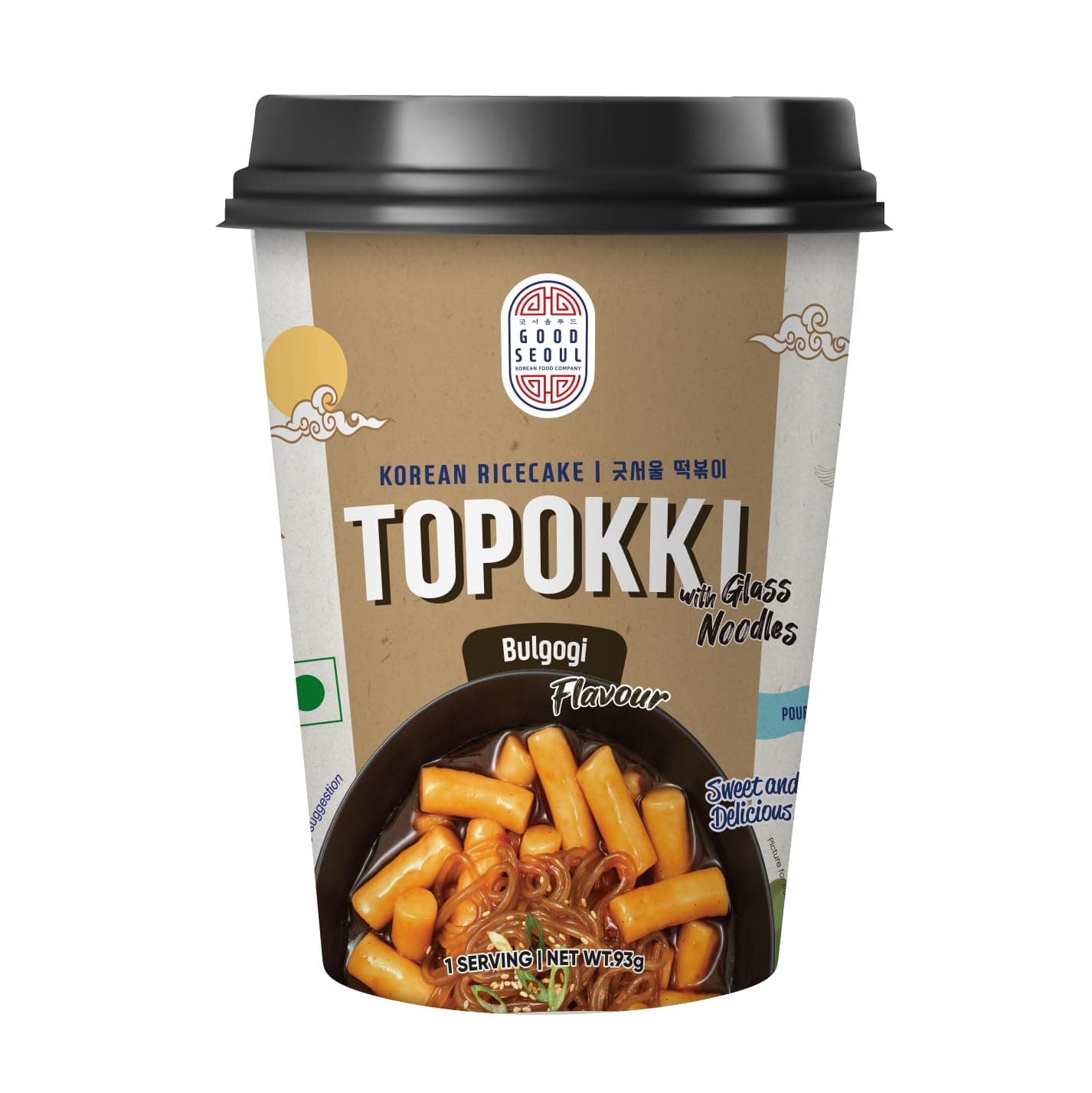 Korean Food Company Rice Cake Topokki Bulgogi Flavour with Glass Noodles • Sweet and Delicious K-Food • Made in Korea, 3.28 oz ℮ 93 g