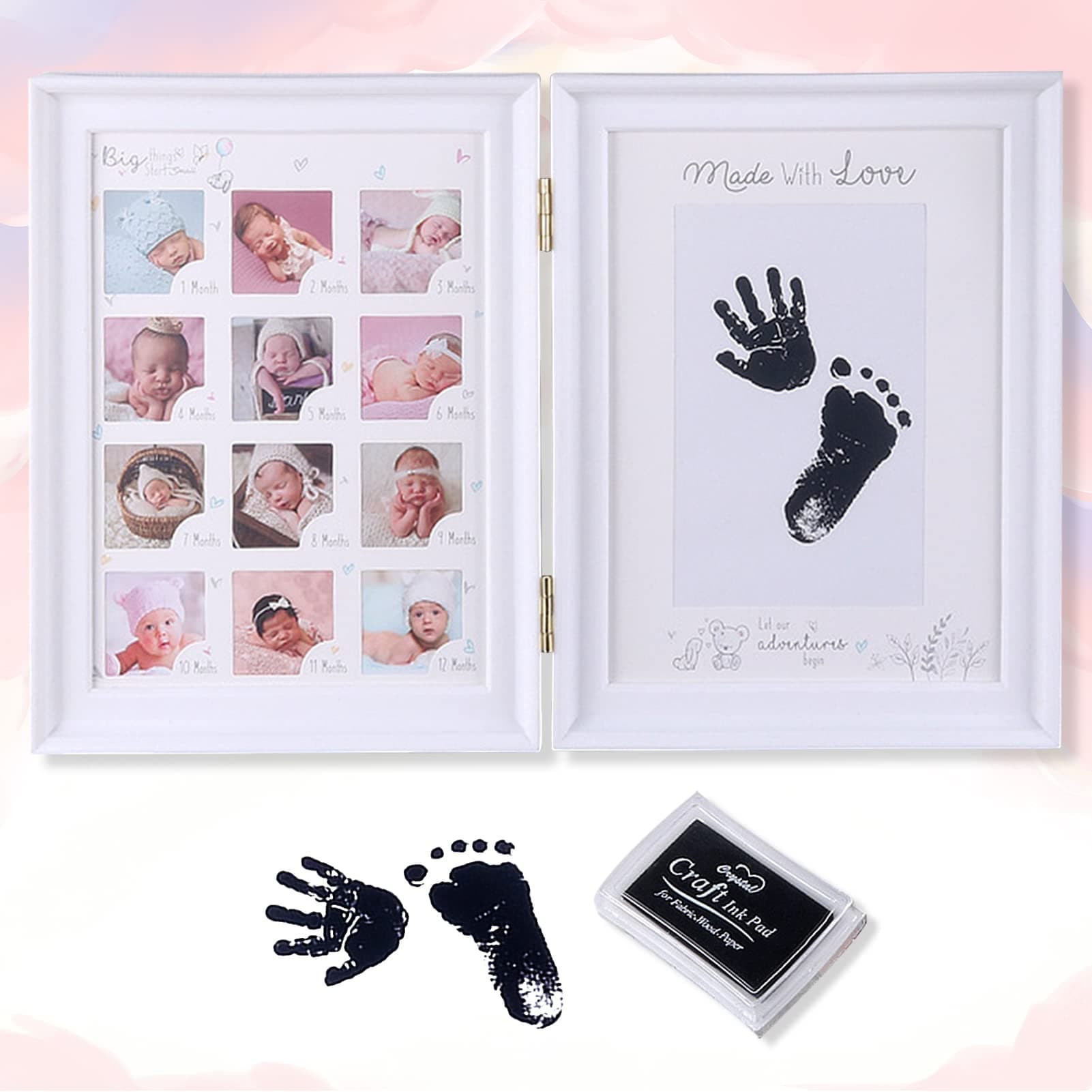 Baby Hand and Footprint Kit, Baby Framed Photo Kit, Anniversary Growth Record Baby Gifts, Reusable Ink Cartridge Photo Frame (Foldable White)