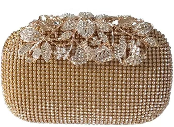 Women Handicraft Beautiful Diamond Crystal Flower Box Clutch Bag Purse for Bridal, Casual, Wedding (Diamond Gold)