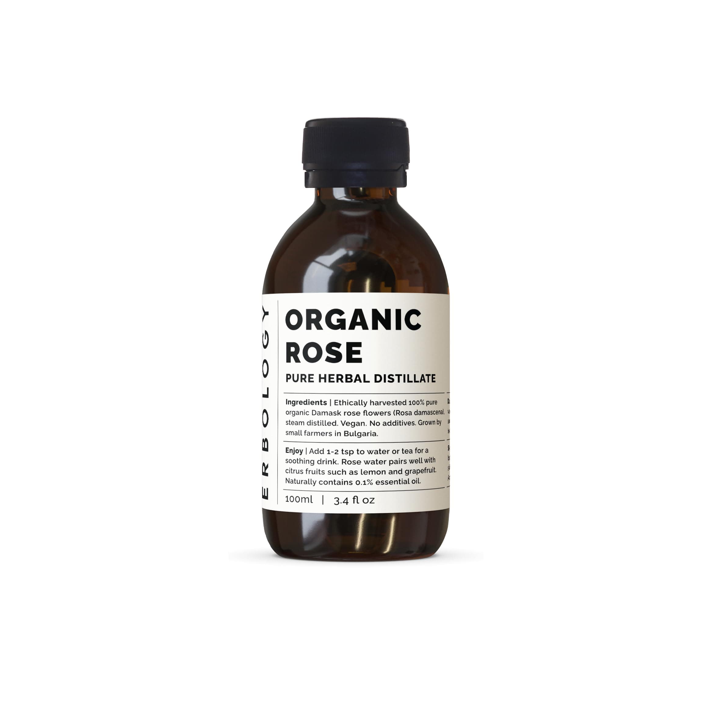 Erbology Organic Rose Water 3.4 fl oz - Distilled from Damask Rose - Premium Food Grade Hydrolate of Rose - Soothes, Hydrates and Calms - Non-GMO - Recyclable Glass Bottle